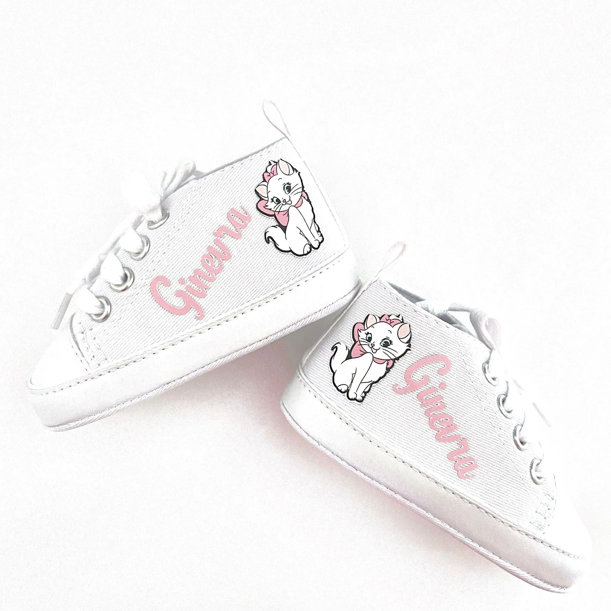 Scarpine Neonato, Scarpette Personalizzate con Nome, Scarpe da Culla con Stampa (Minou, 6-9 mesi)