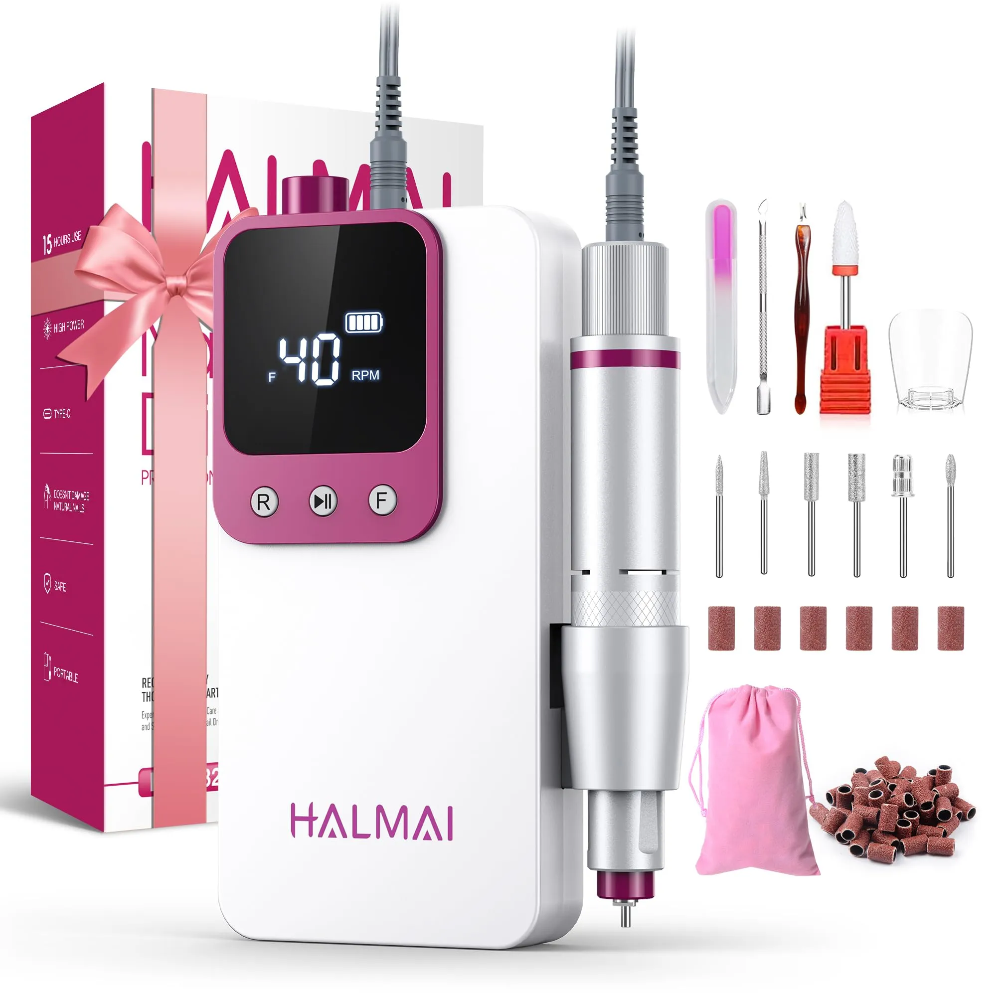 HALMAI fresa per unghie professionale, Limetta portatile per gel acrilico, Kit fresa per unghie ricaricabile a batteria 40000 giri al minuto, HMC320 fresa per unghie di qualità da salone (White)