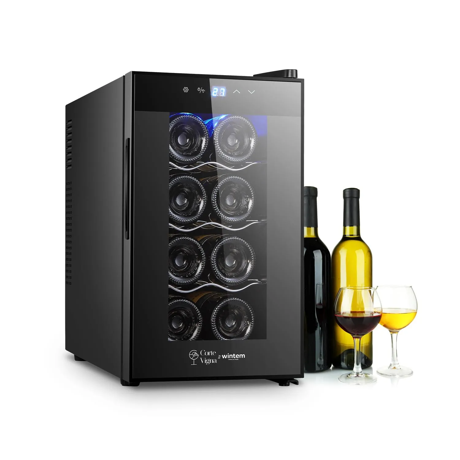 Avilia Cantinetta Frigo Silenziosa per Vini 8 Bottiglie 65W - Mini Frigo Termoelettrico con Display LED, Temperatura Regolabile 12-18°C, Auto Defrost - Cantinetta Vino Nera da 25L