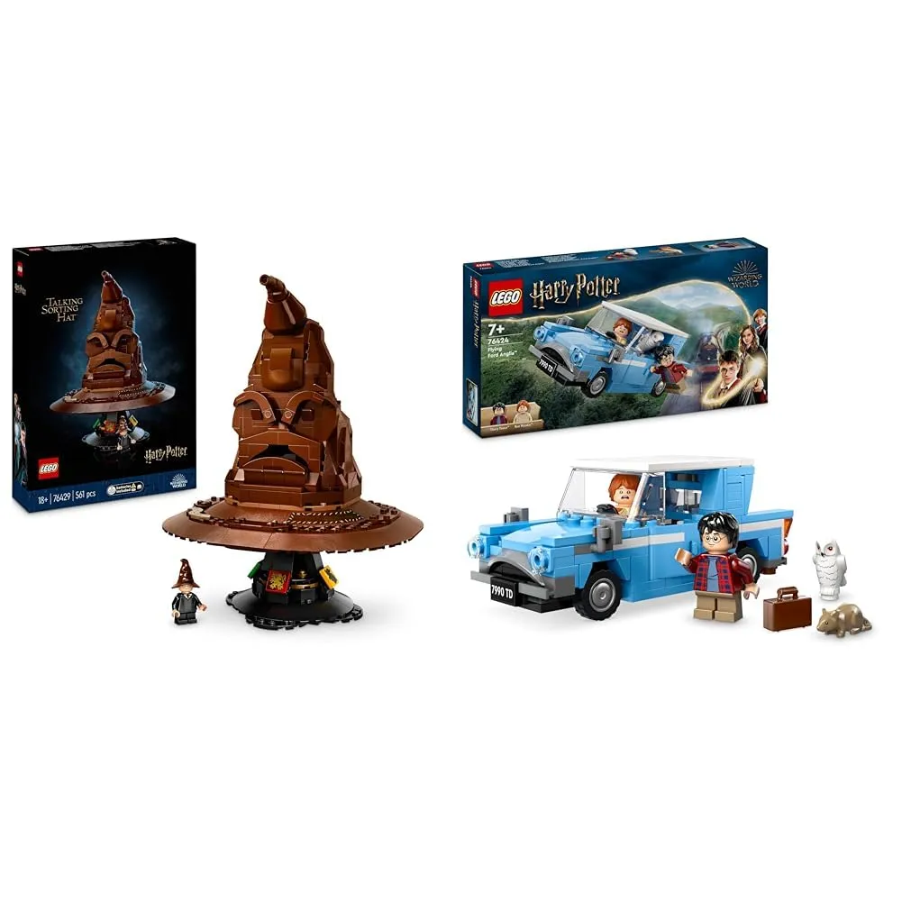LEGO Harry Potter Cappello Parlante di Hogwarts con Stemma delle Case e 31 Suoni Casuali & Harry Potter Ford Anglia Volante, Modellino di Macchina Giocattolo da Costruire