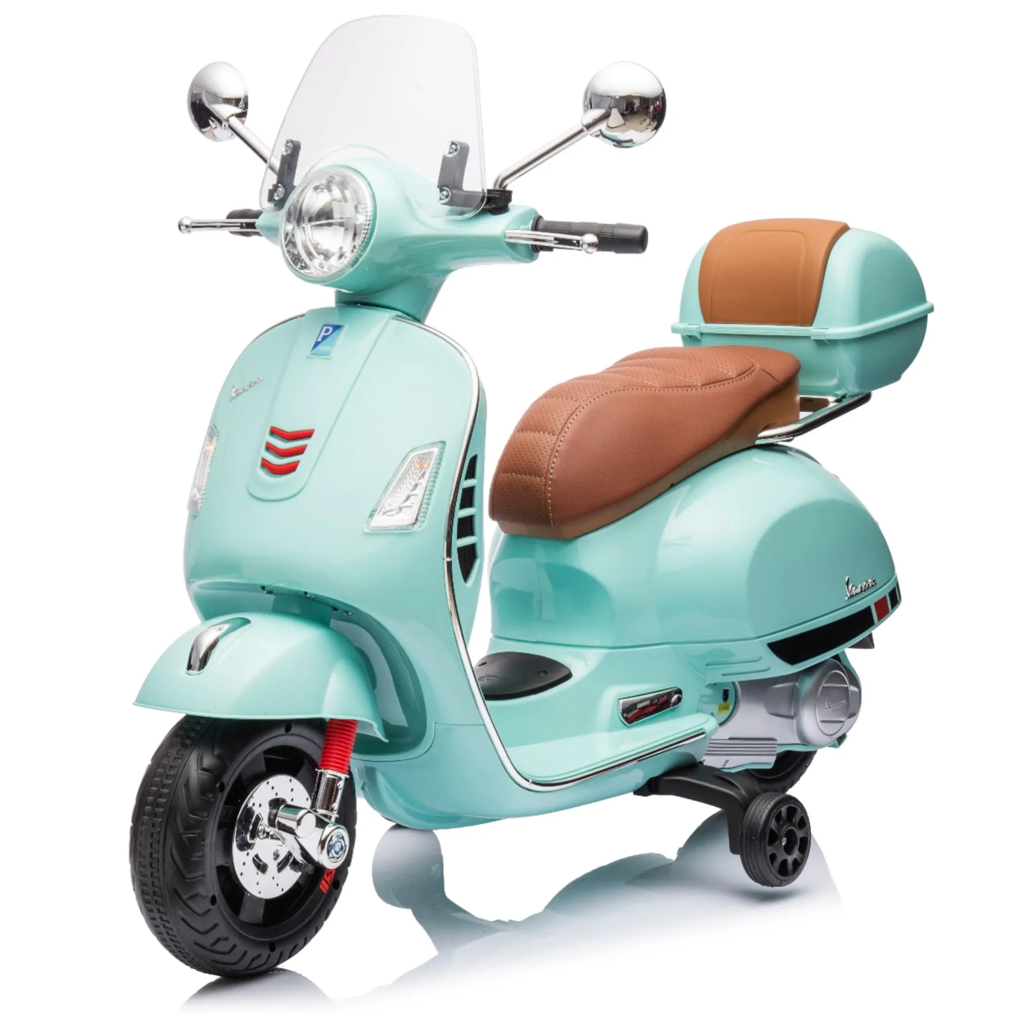 Mondial Toys Moto Elettrica Scooter per Bambini Vespa GTS Super Piaggio 12V con Sedile in Pelle Bauletto MP3 Luci a Led Full Optional (Verde Tiffany)