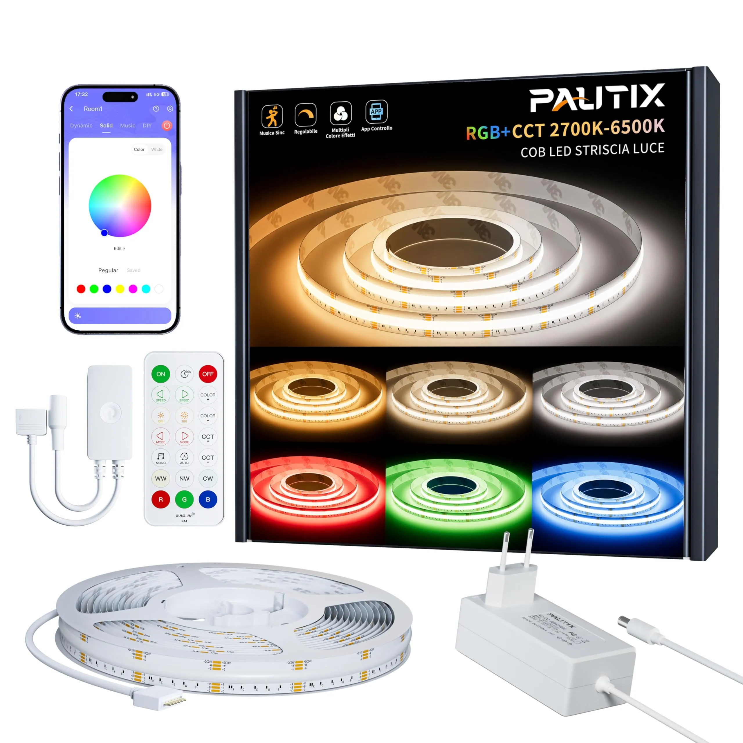 PAUTIX RGBCCT LED Striscia COB 5M,RGB+WW/CW 2700K-6500K Cambia Colore Dimmerabile 24V LED Strip Kit con Telecomando RF e Alimentatore,Incluso Gruppo Controllo,Musica Modalità per DIY Home Decor