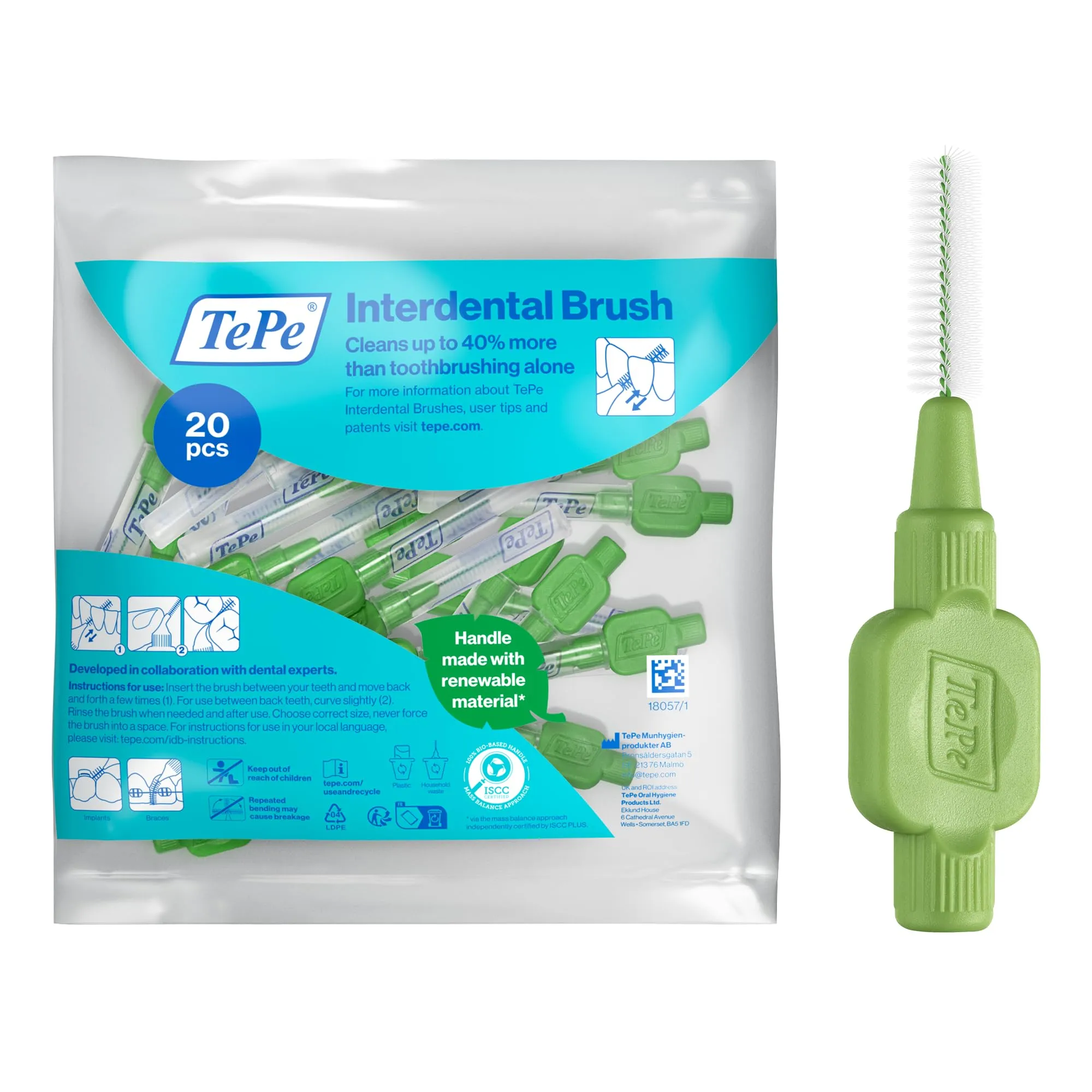 TePe Scovolino, Original, Verde, 0.8 mm/ISO 5, 20pz, rimozione placca, pulizia interdentale efficace, filo interdentale, per spazi larghi
