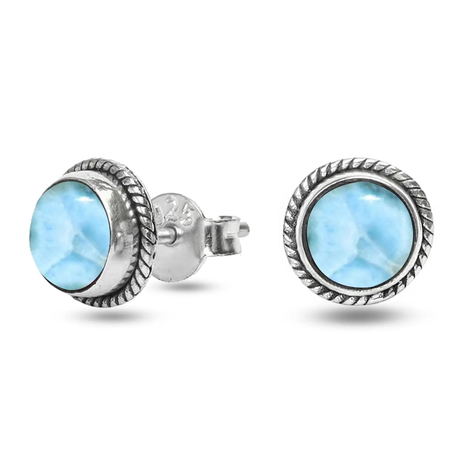 Orecchini a bottone con pietra preziosa di Larimar, orecchini in argento sterling 925, orecchini fatti a mano con filo intrecciato