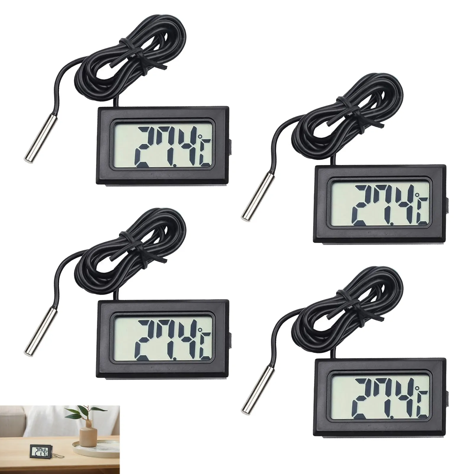 4 Pezzi Termometro Digitale, Mini Termometri Frigo LCD con Sonda Impermeabile, Misuratore di Temperatura per Frigoriferi e Congelatori, Adatti anche per Acquari, con Display Chiaramente Leggibile