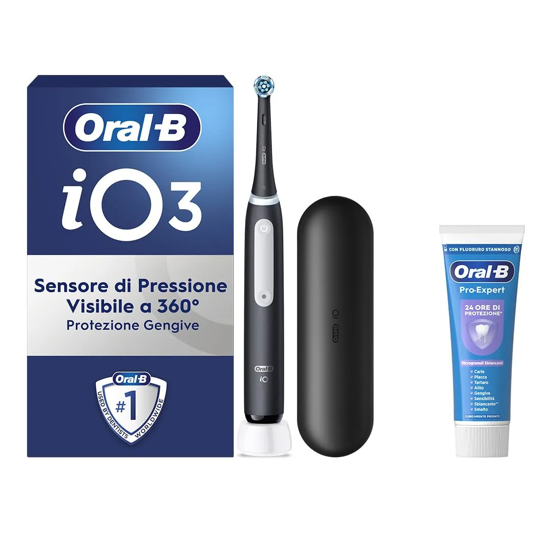 Oral-B Spazzolino Elettrico Ricaricabile iO 3 Nero, 1 Spazzolino Elettrico, 1 Testina Di Ricambio, Custodia Da Viaggio + Dentifricio Oral-B Pro-Expert Sbiancante Delicato, Pulizia Denti