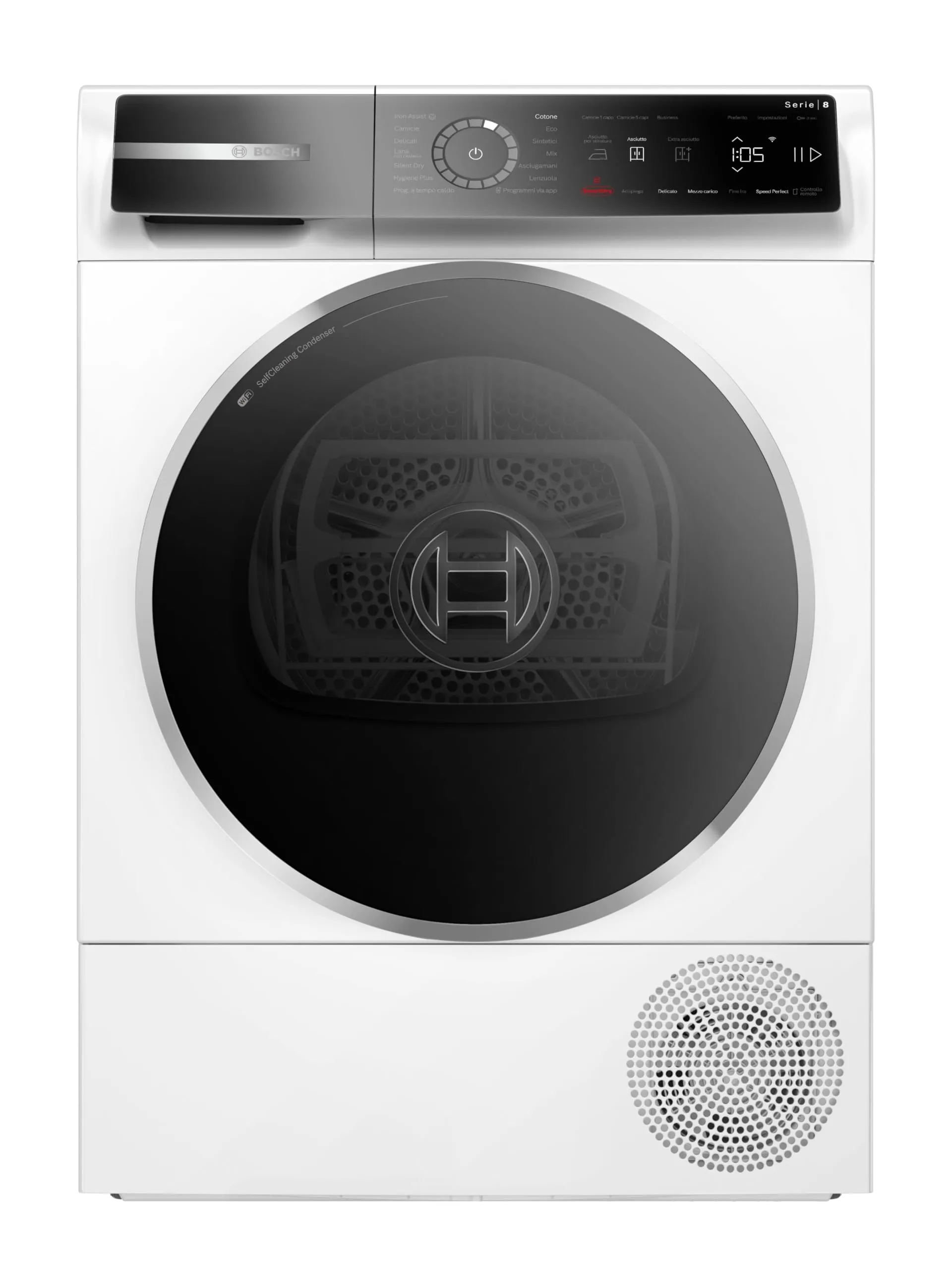 Bosch WQB246C0II Serie 8 Asciugatrice smart a pompa di calore, 9 kg, Classe energetica B, Condensatore autopulente, Riduce le pieghe e facilita la stiratura, Cestello per capi in lana, Bianco, 60 Cm