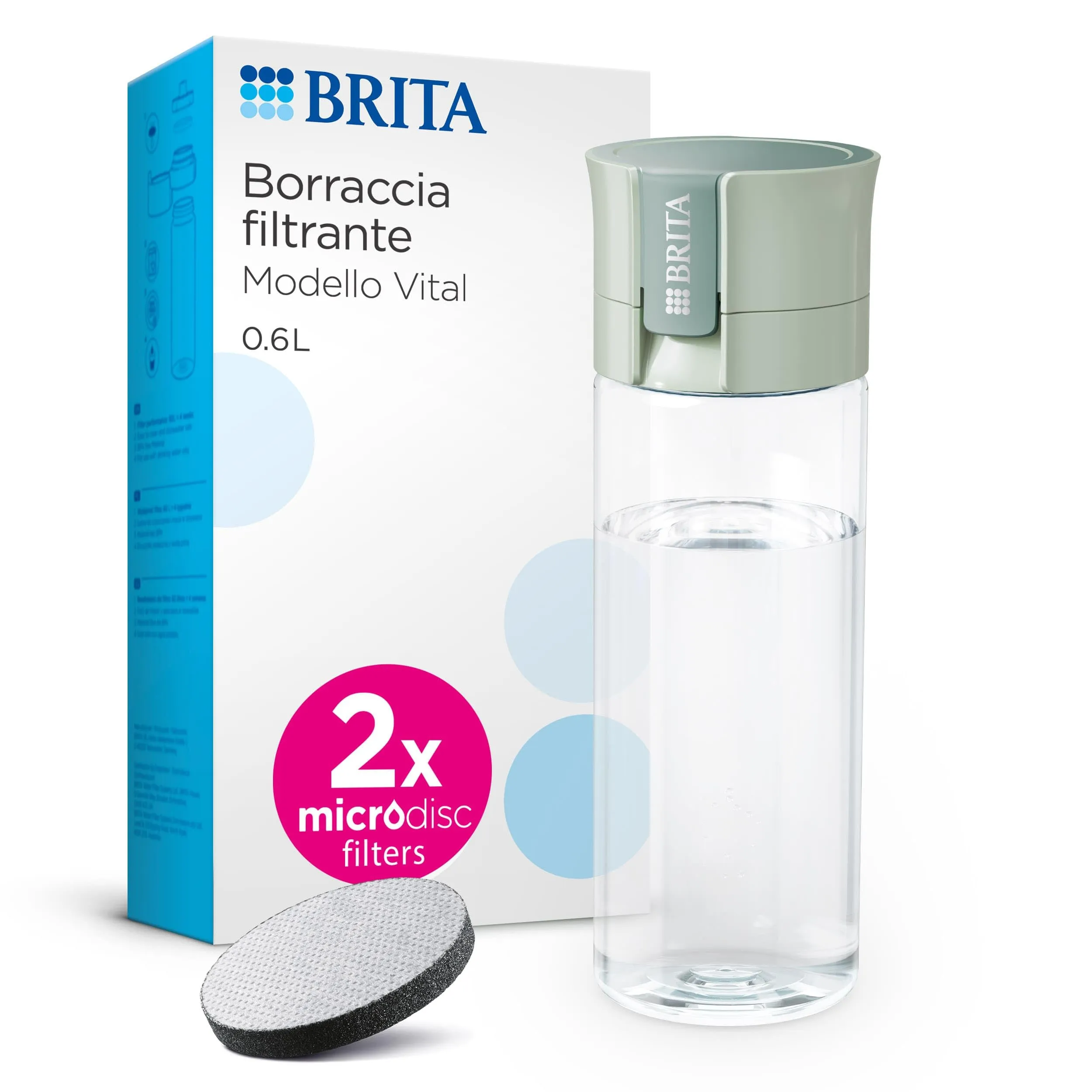BRITA Borraccia Filtrante Vital verde (600 ml) incl. 2xfiltri MicroDisc – riduce cloro, impurità organiche, PFAS, ormoni e pesticidi e preserva i minerali essenziali