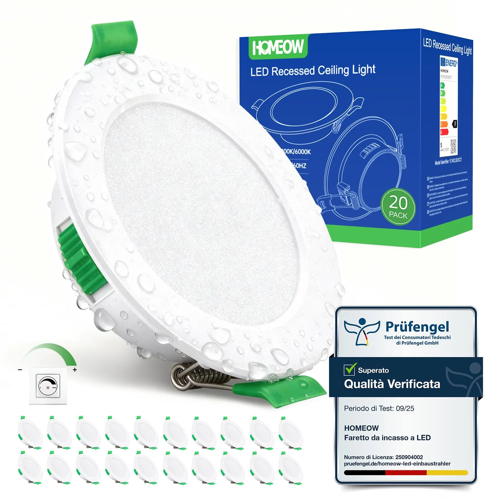 HOMEOW Set di 20 Faretti Led da Incasso per Cartongesso Dimmerabili, 5W Faretti Led Soffitto Incasso Foro 68-80mm, Luce Caldo 2700K Neutro 4000K Freddo 6000K, IP44 Faretto per Bagno Cucina