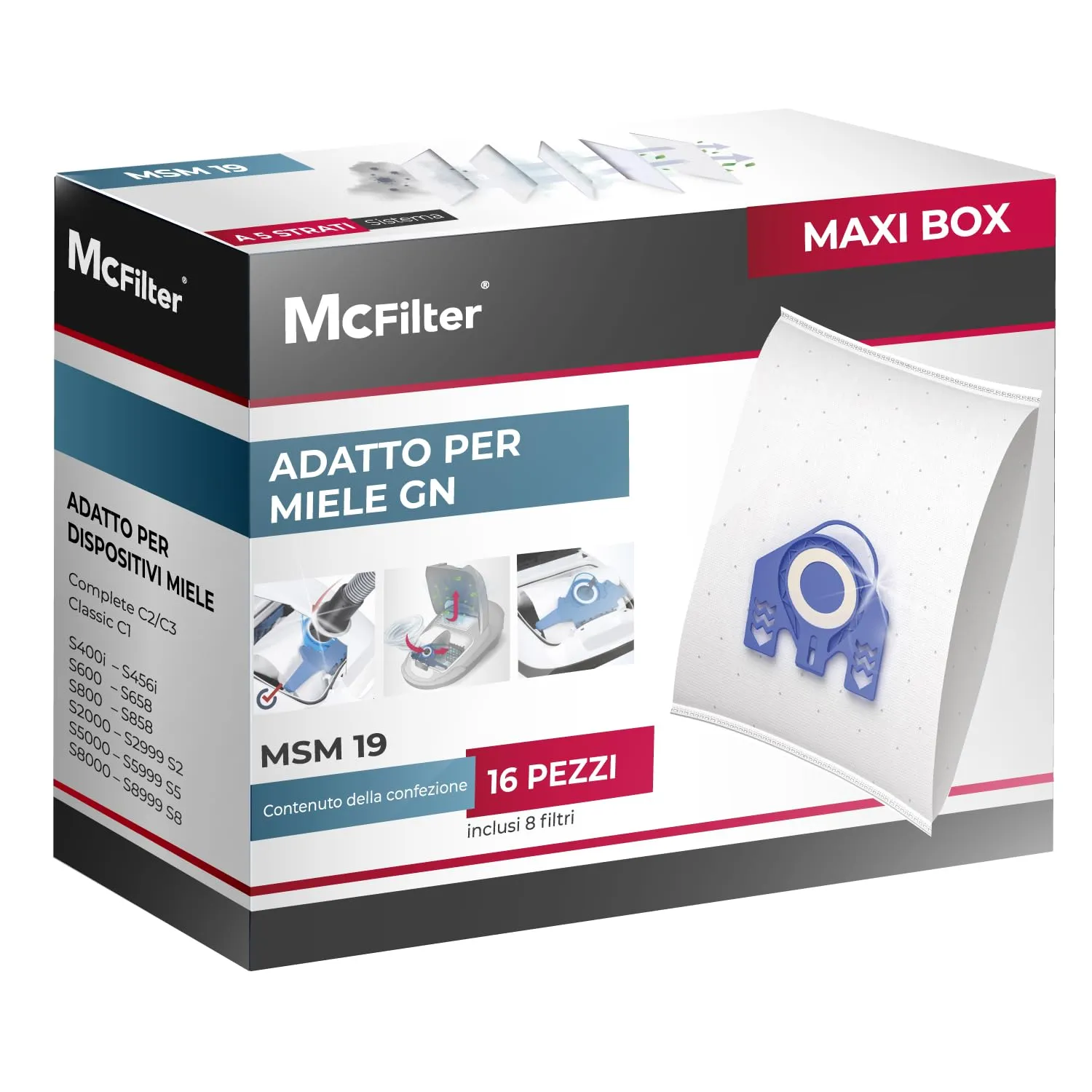 McFilter I 16 sacchetti per aspirapolvere compatibili con aspirapolvere Miele serie GN S2 S4 S5 S6 S8, Complete C2/C3, Classic C1 I incl. 8 filtri I MAXI BOX