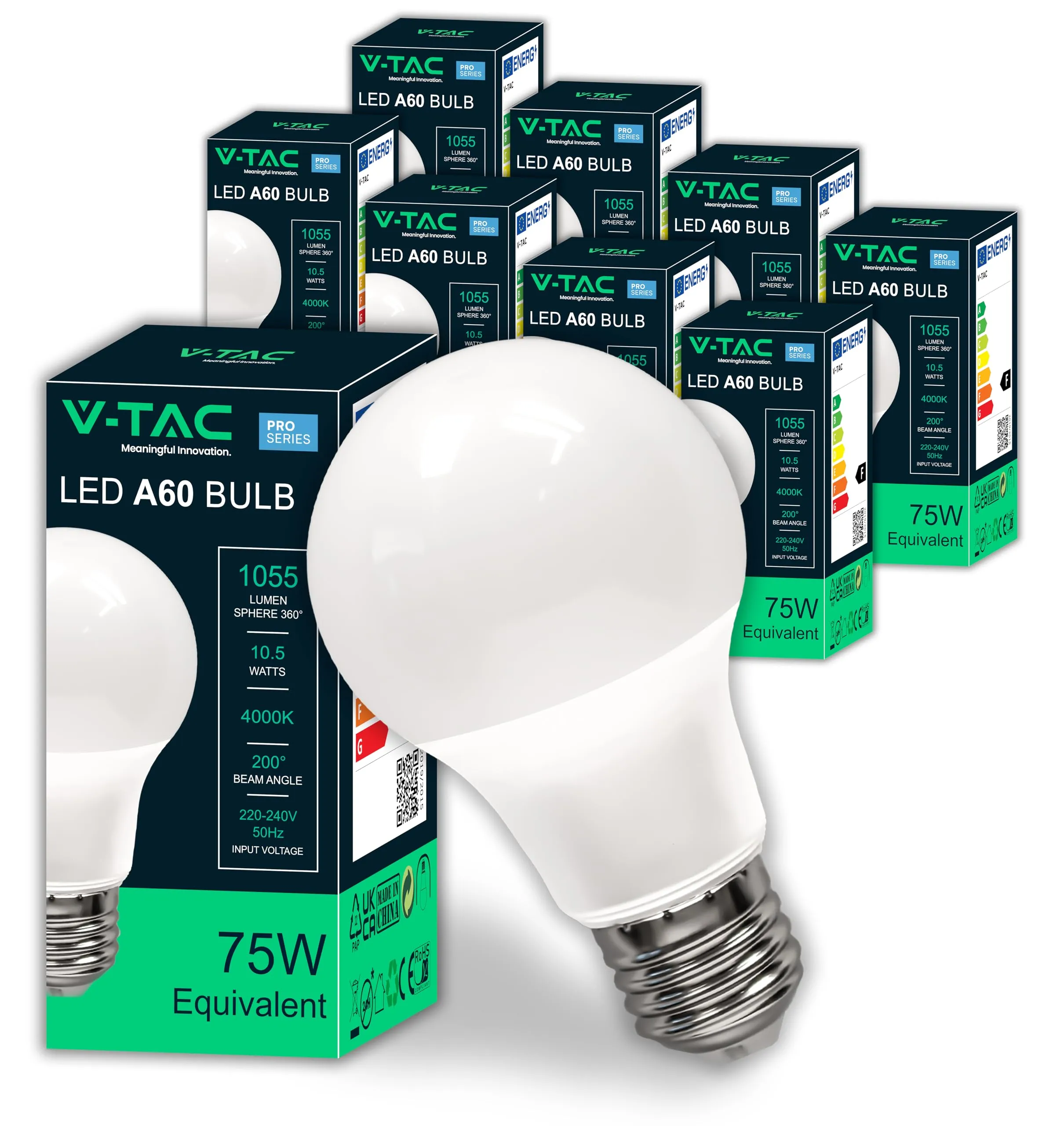 V-TAC 10x Lampadine LED A60 da 10.5W - [Alta Luminosità ed Efficienza] - E27 - (Equivalenti a 75W) - 1055 Lumen - Lampadine di Nuova Generazione - Massimo Risparmio Energetico - Luce Naturale 4000K