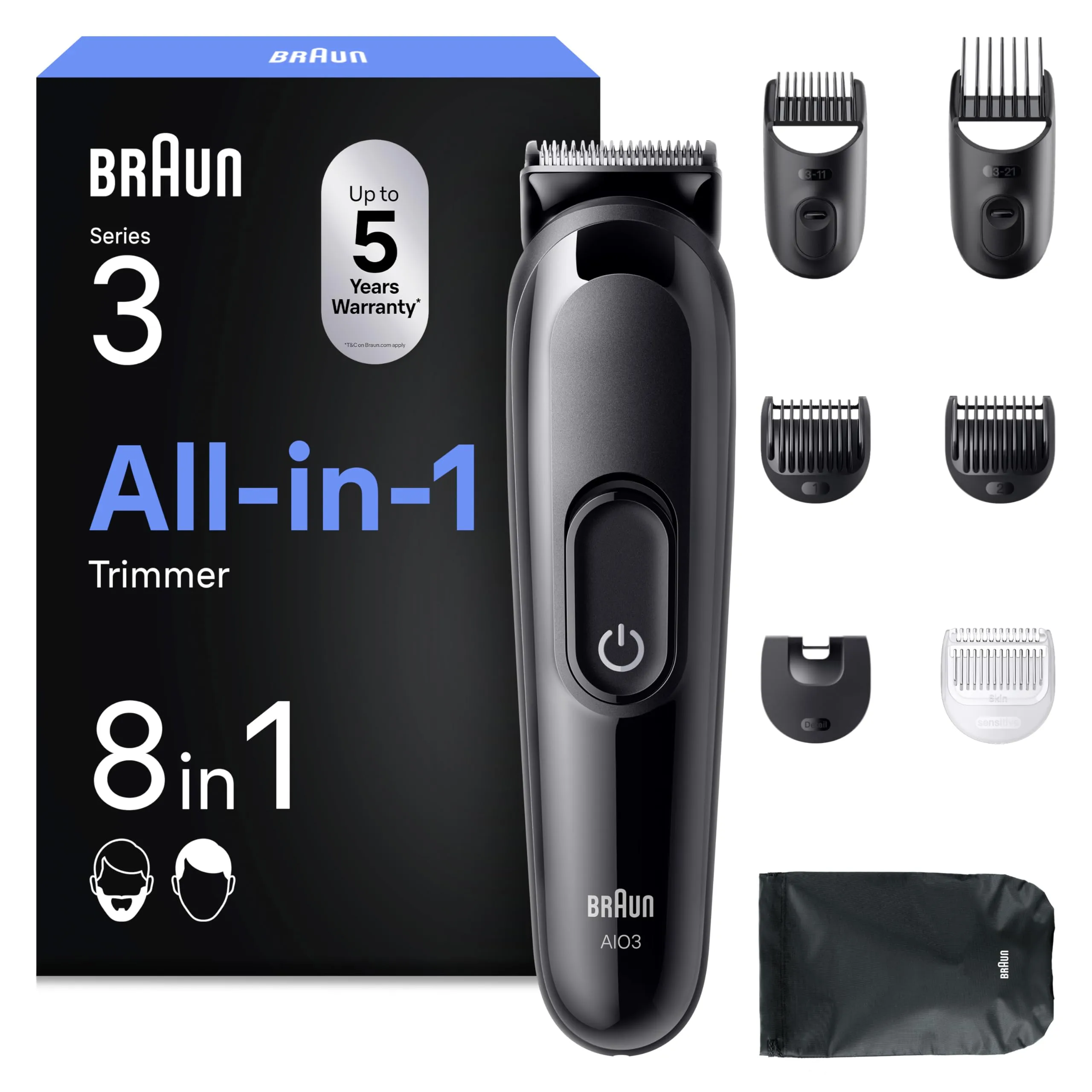 Braun Rifinitore All-In-One Series 3, Rasoio Elettrico Barba E Capelli 8In1, Con Lama Ultra Affilata, 14 Lunghezze, 50 Minuti di Autonomia, Styling Facile e Veloce Per Viso E Capelli, AIO3545 Nero