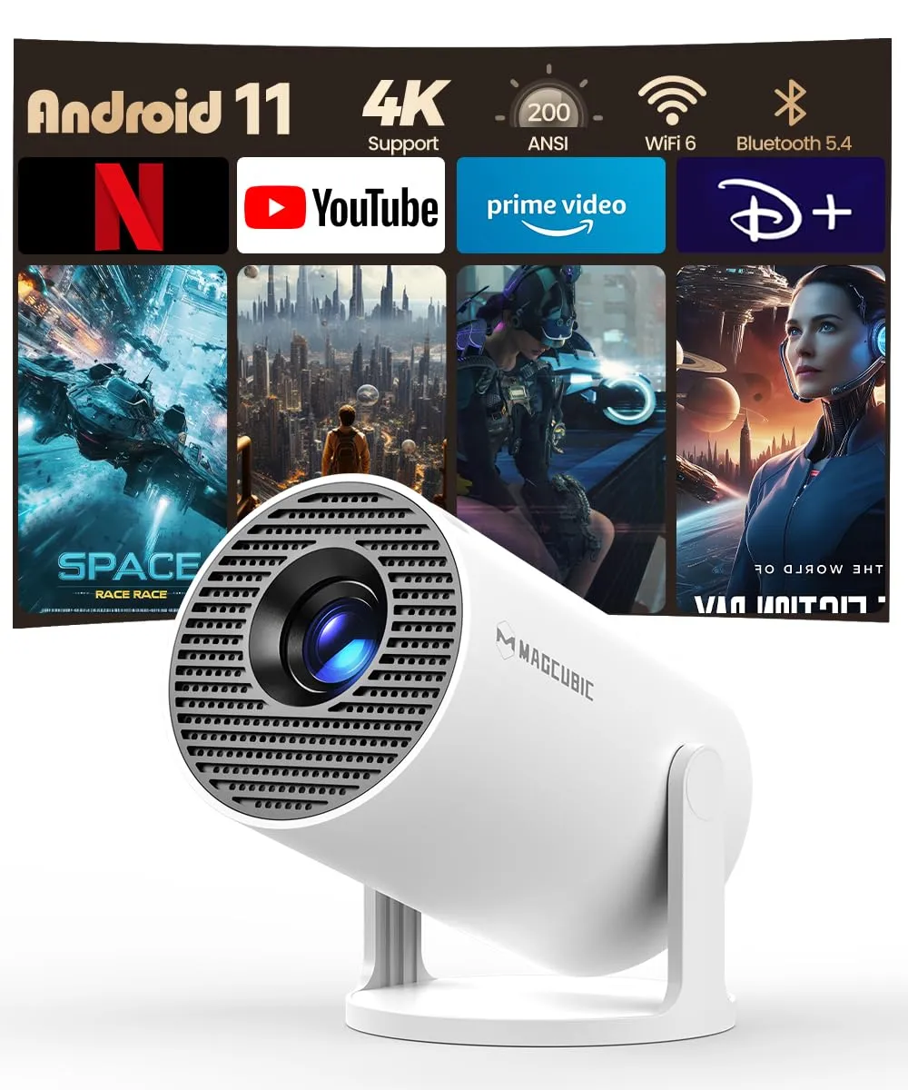 Mini Proiettore 4K Supporta Android 14, Smart Projector 5G WiFi 6 BT 5.4, Mini Proiettore Full HD 1080P Supporta 200ANSI 8000L Auto Orizzontale Trapezoid Correction