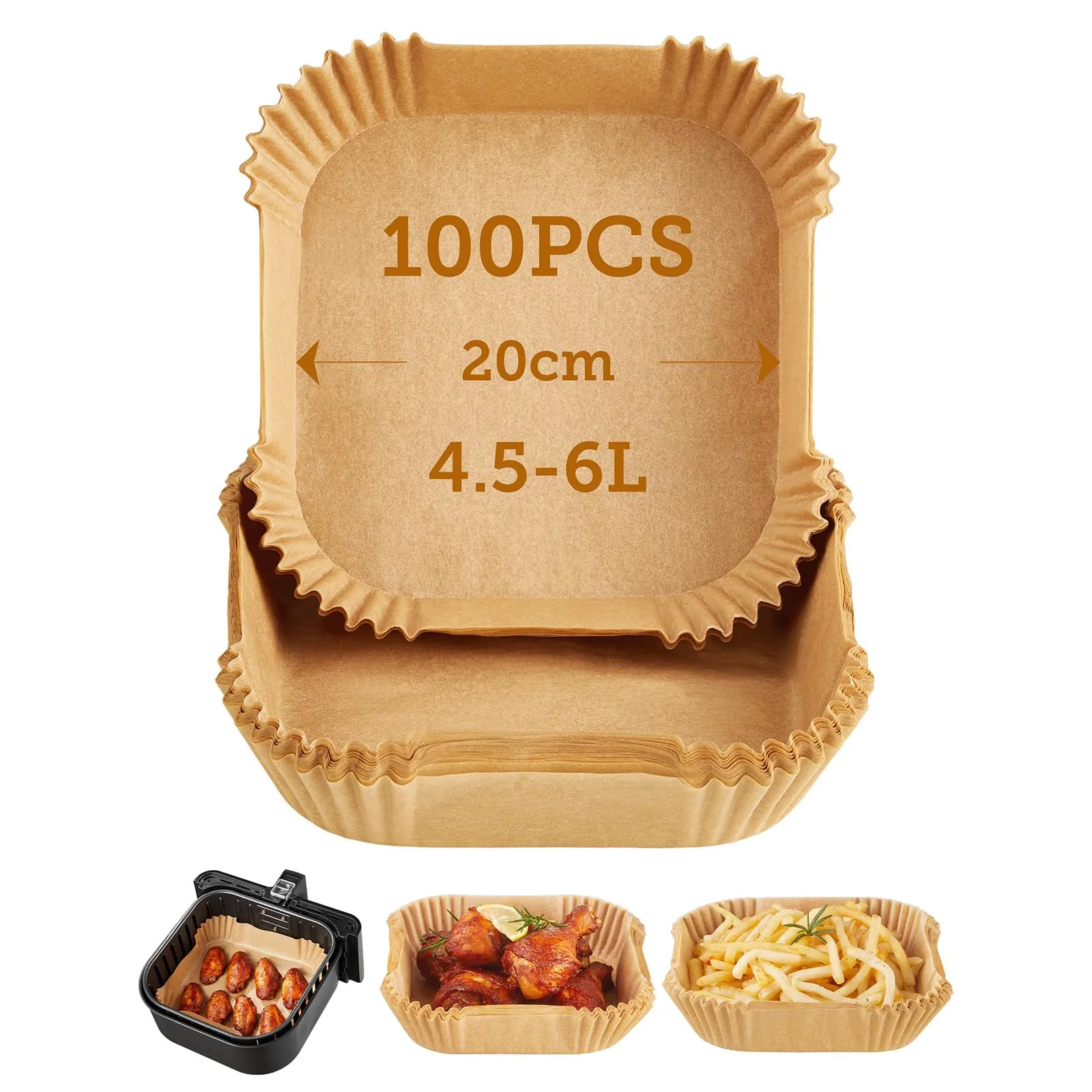 COSORI Carta Forno Per Friggitrice Ad Aria 100 Pezzi, Teglie Per Air Fryer 4,5-6L Quadrati, Antigrasso Antiaderente Fodera in Carta Monouso per Forno, Padelle, Microonde (20cm)