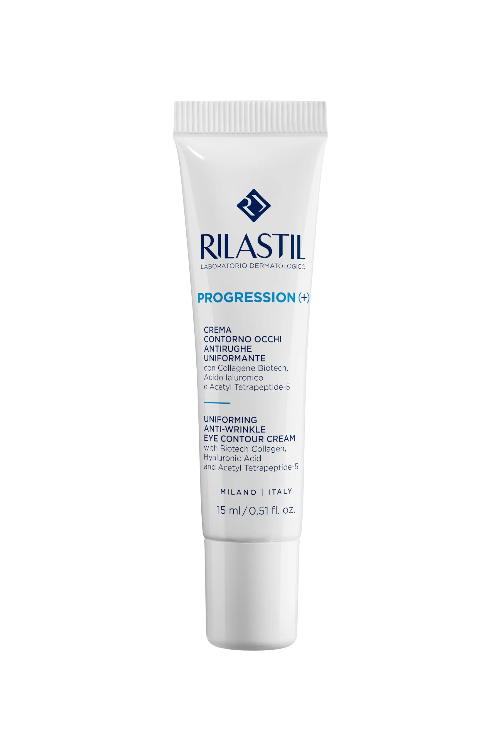 Rilastil Progression Plus, Crema Contorno Occhi Antirughe Uniformante, Trattamento Rughe Marcate, Antiaging, Rimpolpante per Pelli Mature con Collagen, Acido Ialuronico, Confezione da 15 ml
