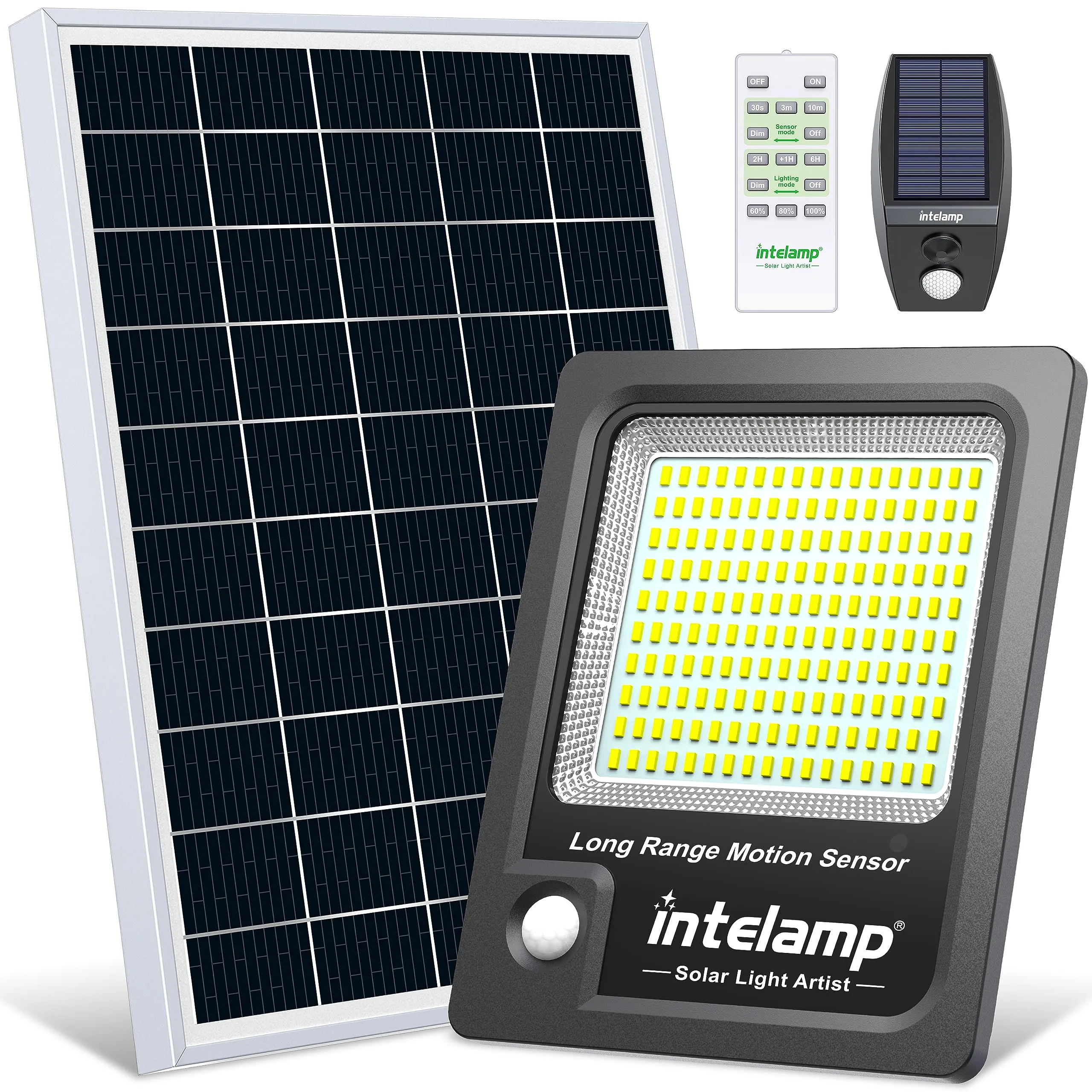 INTELAMP Faro Led Esterno Con Pannello Solare, 12000mAh Fari Solari a Led da Esterno 3000LM Impermeabile Lampione Solare Esterno con Telecomando e Sensore Crepuscolare,Funzione timer, cavo da 5M