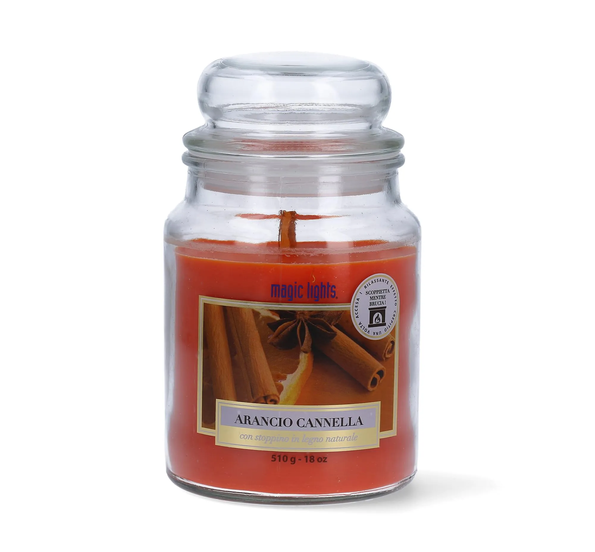 Magic Lights Candela Profumata in Giara 510g – Arancio & Cannella – Stoppino in Legno Scoppiettante – Cera Vegetale min. 75% – Made in Italy – 90/100 Ore