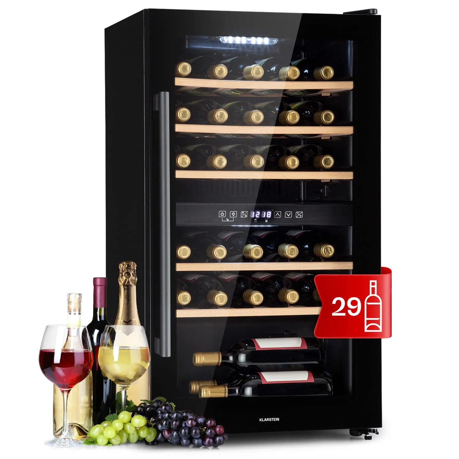 Klarstein Cantinetta Vino, Cantinetta Vino Refrigerata a Zona Doppia per Interno/Esterni, Frigo Bar, Cantina Vino con Vetrina, Mini Bar con Protezione UV, Frigo Vino Touch, 5-22°C, 29 Bottiglie