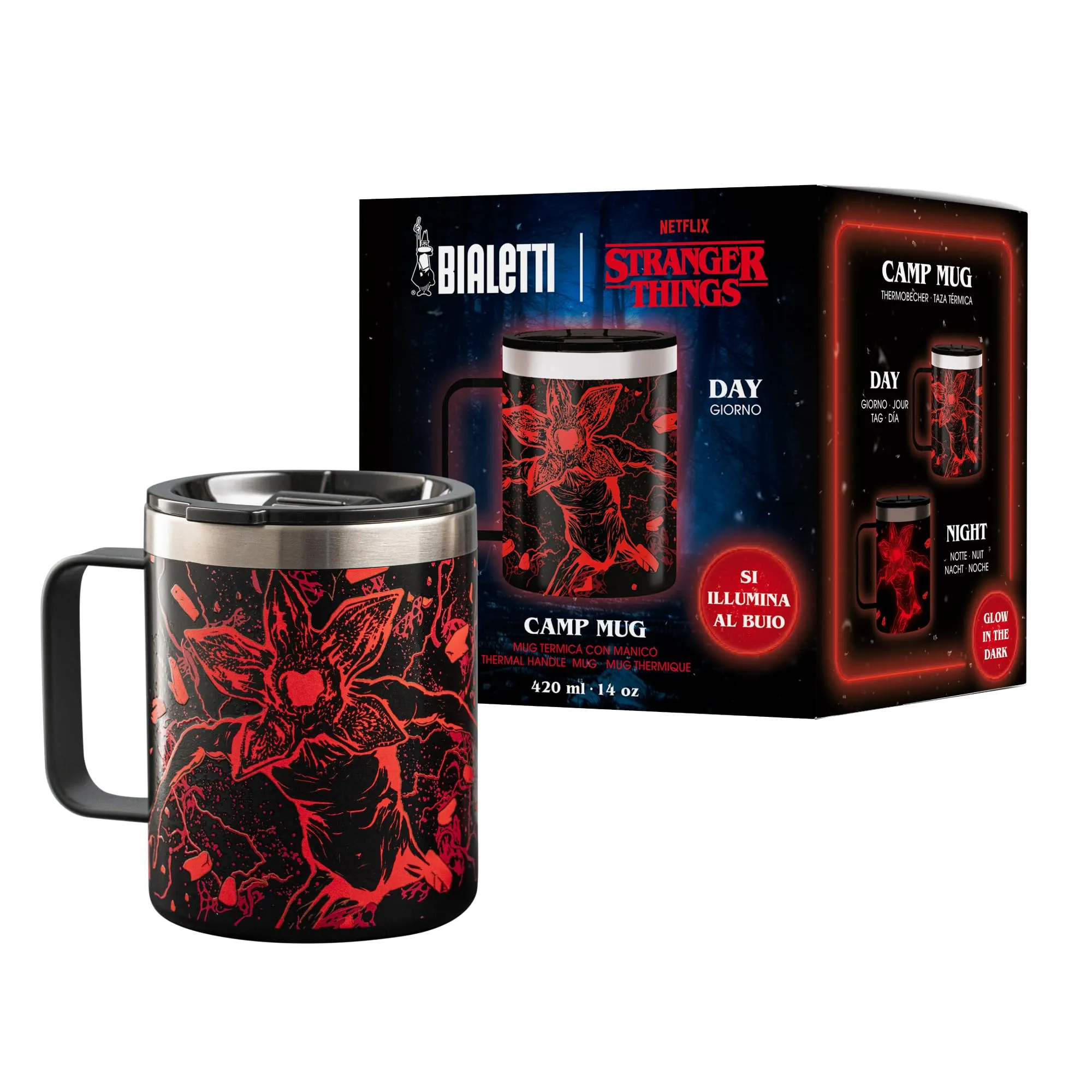 Bialetti Tazza Termica con Manico Stranger Things, si illumina al buio, perfetta tenuta della temperetura, no Lavastoviglie, capienza 420 ml