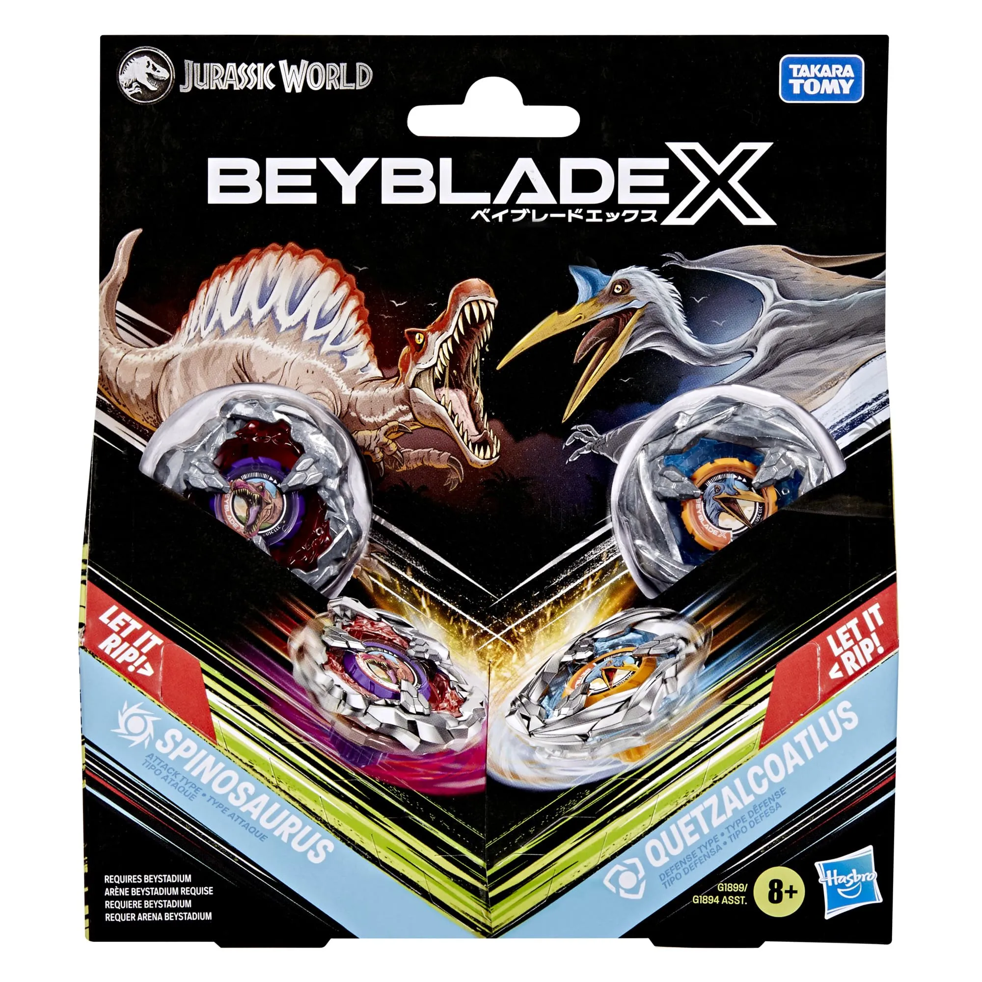 Hasbro Beyblade X in collaborazione con Jurassic World, Spinosauro vs. Quetzalcoatlus, Confezione Multipla