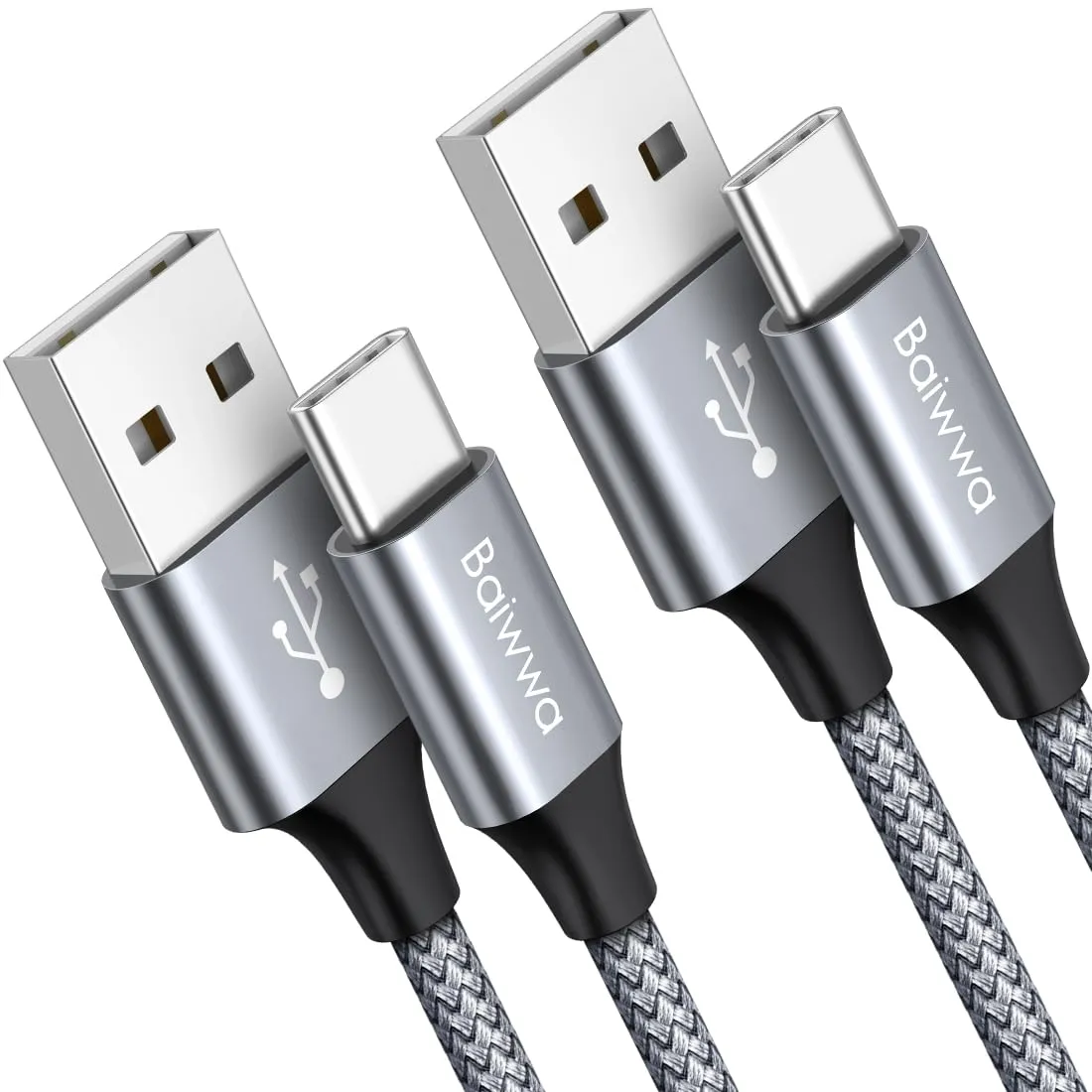 Baiwwa Cavo USB Type-C 1,5m 2Pezzi, Cavo USB A USB C Ricarica Rapida 3A Nylon Intrecciato per iPhone 15 16, Samsung Galaxy S23 S22 S21 S20 Plus, A54 A53 A52 A14 A13, Pixel, Moto-Grigio