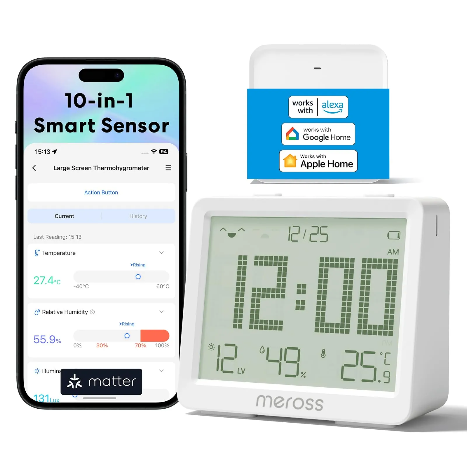 Meross Igrometro Termometro WiFi, Termometro Ambiente Interno WiFi con Ampio Display, Notifica Remota, Compatibile con Matter, Apple HomeKit, Alexa e Google Home (Con Hub)