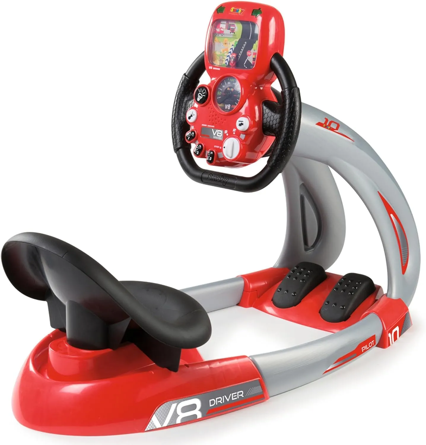 Smoby - V8 Driver, 7600370206, +3 Anni, simulatore di Guida, Pedali Freno ed acceleratore, Volante, Sedile Regolabile, batterie Non Incluse