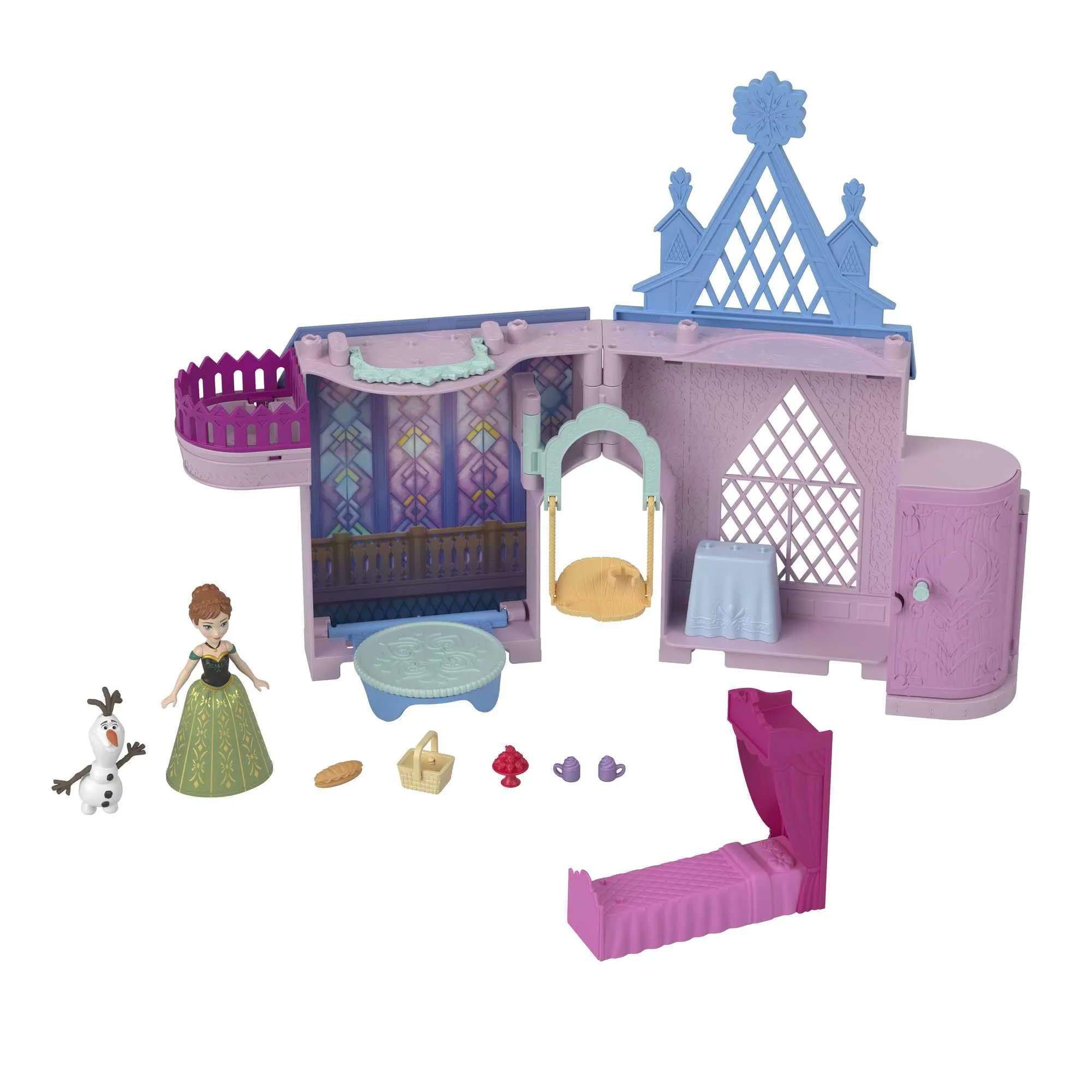 Mattel Disney Frozen - Castello di Anna ad Arendelle, set componibile ispirato al film con mini bambola, personaggio Olaf e 7 accessori inclusi, giocattolo per bambini, 3+ anni, JDP65