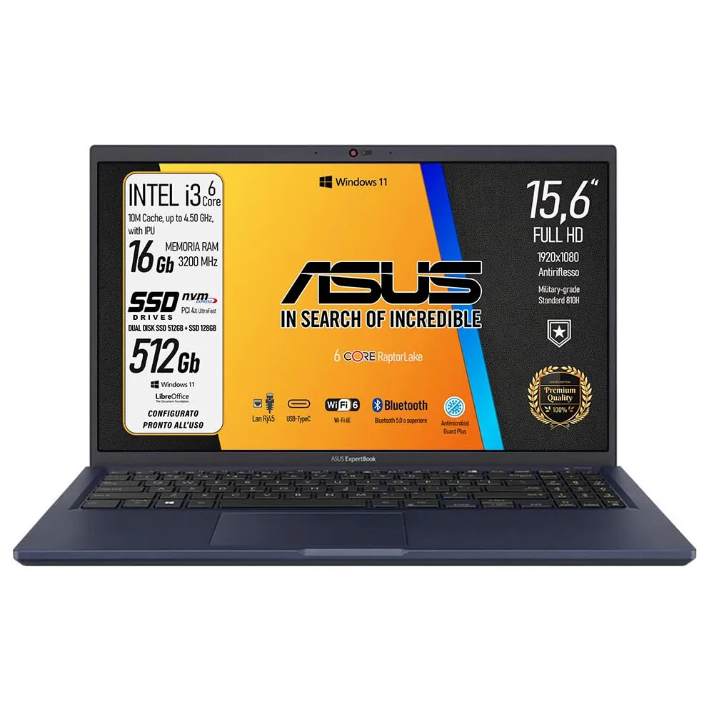 Asus Expertbook, PC Portatile, cpu Intel Core i5 13420H 13Th 8Core, Ram DDR5 16Gb, SSD pci Nvme 512Gb, Display 15,6" Led FHD antiriflesso, Wi-Fi 6, 4 USB, BT, lan, Win11, fingerprint, pronto all'uso