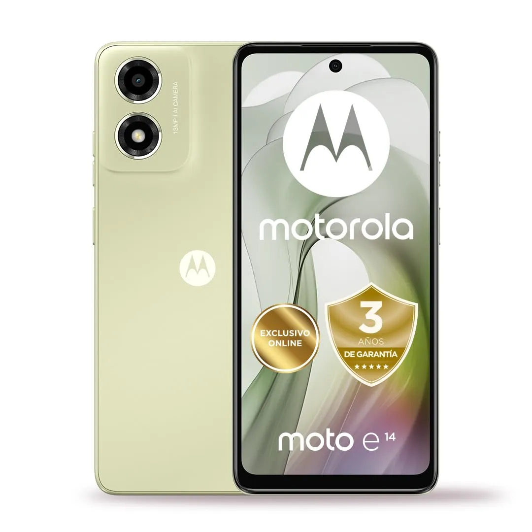 Motorola Moto E14, 2/64GB, Display HD+ 6,56" e 90Hz, Dolby Atmos Audio Camera con IA, Android 14, Batteria da 5000mAh con TurboPower 15, processore Octa-Core, Dual SIM, Verde