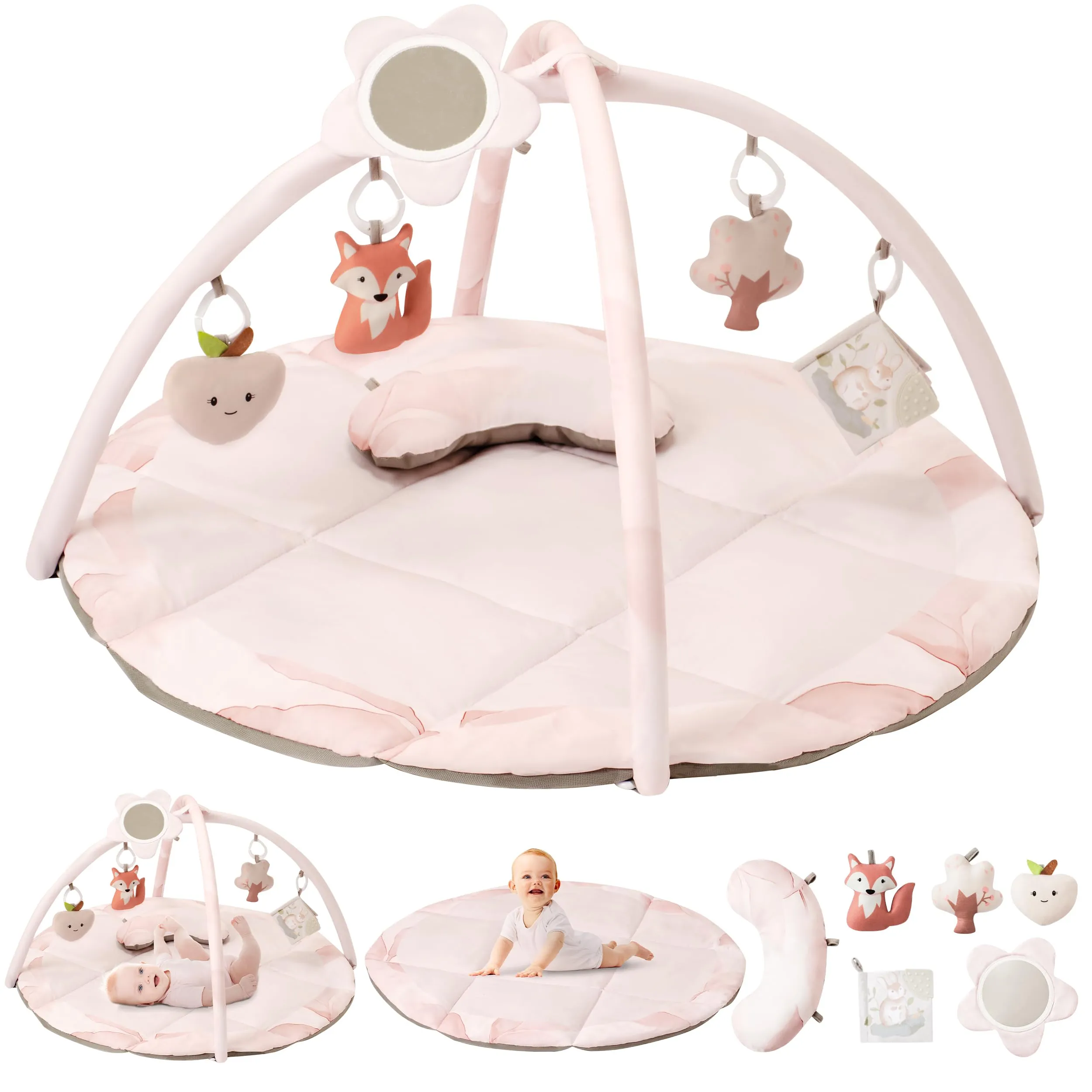 Fortella Palestrina Neonato Evolutiva, Tappetino Gioco Attività con 5 Giocattoli Sensoriali, Specchio e Cuscino–Ideale per Bambini e Bambine, Regalo Perfetto Sviluppo Infantile 0-3-6-9-12 Mesi