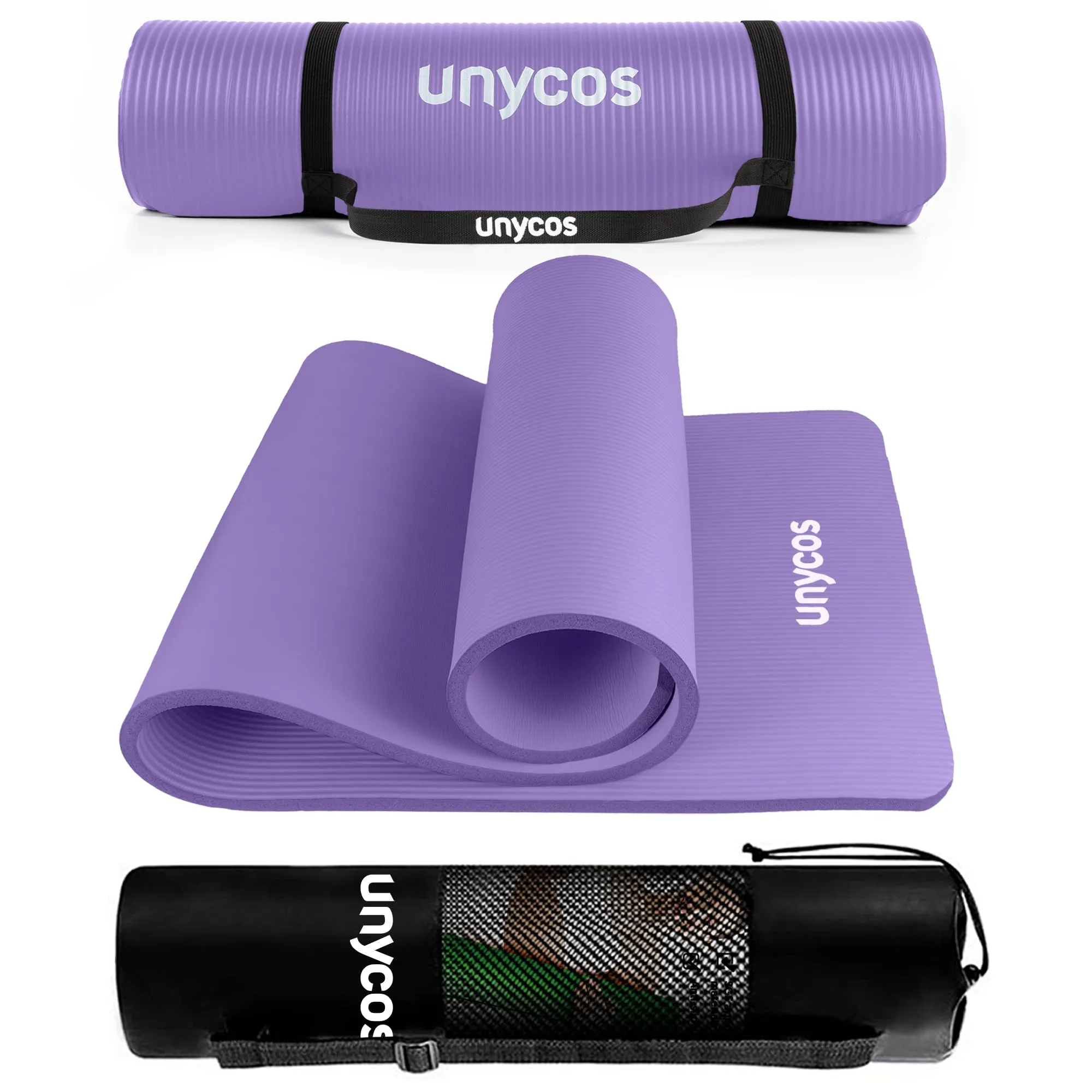 unycos - Tappetino Antiscivolo da Yoga, Pilates e Ginnastica Extra Spesso 15 mm, 183x60 cm, Materassino Fitness con Schiuma NBR Confortevole, Tracolla, Borsa ed E-Book di 50 Esercizi (Viola)