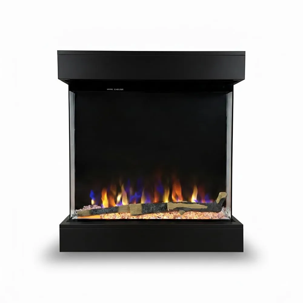 Tempo Style - Caminetto elettrico CALLIOPE Nero con cornice in legno MDF effetto fuoco reale 750-1.500 W | Cassa Bluetooth integrata per riproduzione musicale