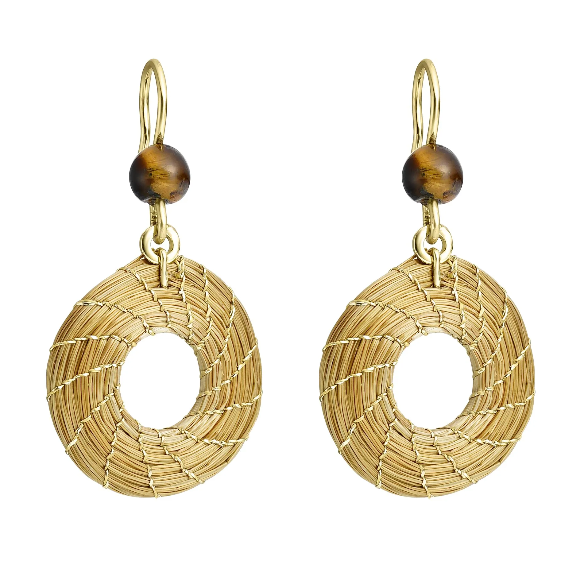 VERA NAVARRO - Orecchini Vegetali in Oro Mandala Aperto 20 mm con Pietra Occhio di Tigre - 100% Naturale Fatto a Mano - Design Esclusivo