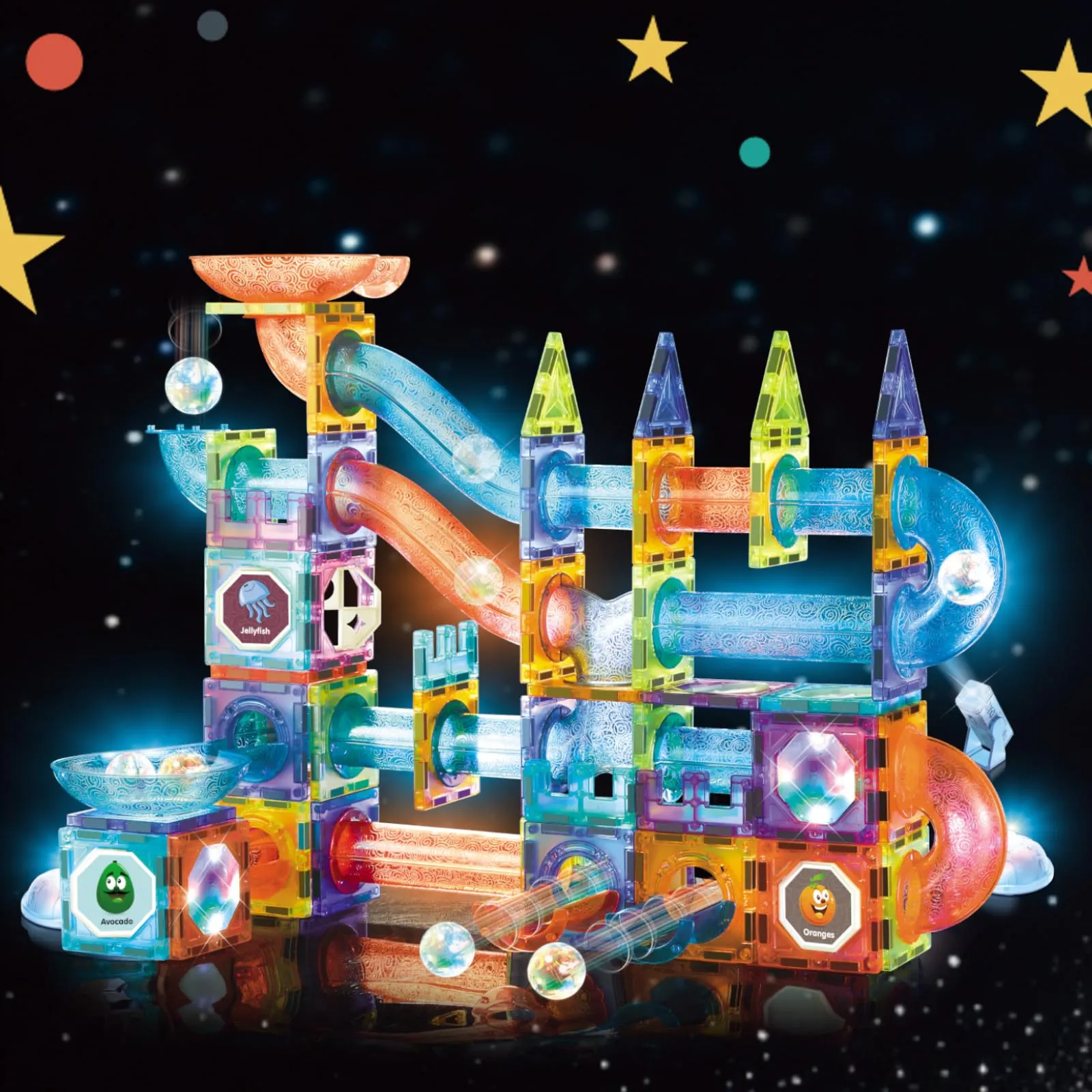 Costruzioni Magnetiche 144 Pezzi con Luci LED & Pista per Biglie - Gioco 3D Magnetico Educativo STEM per Bambini 5 6 7 8 10+ anni, Regalo Creativo Montessori