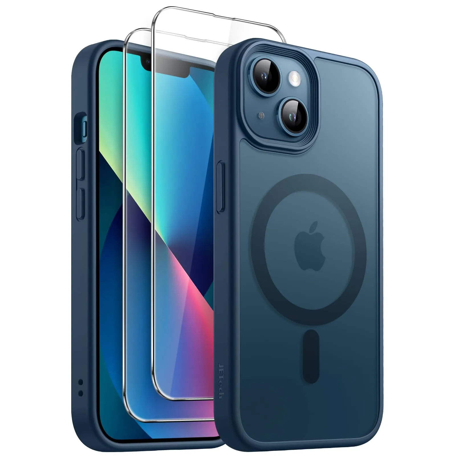 JETech 3 in 1 Cover Magnetica per iPhone 13 6,1 Pollici con Pacco da 2 Vetro Temperato Pellicola Protettiva, Compatibile con MagSafe, Traslucida Opaca Retro Custodia (Blu Tempesta)