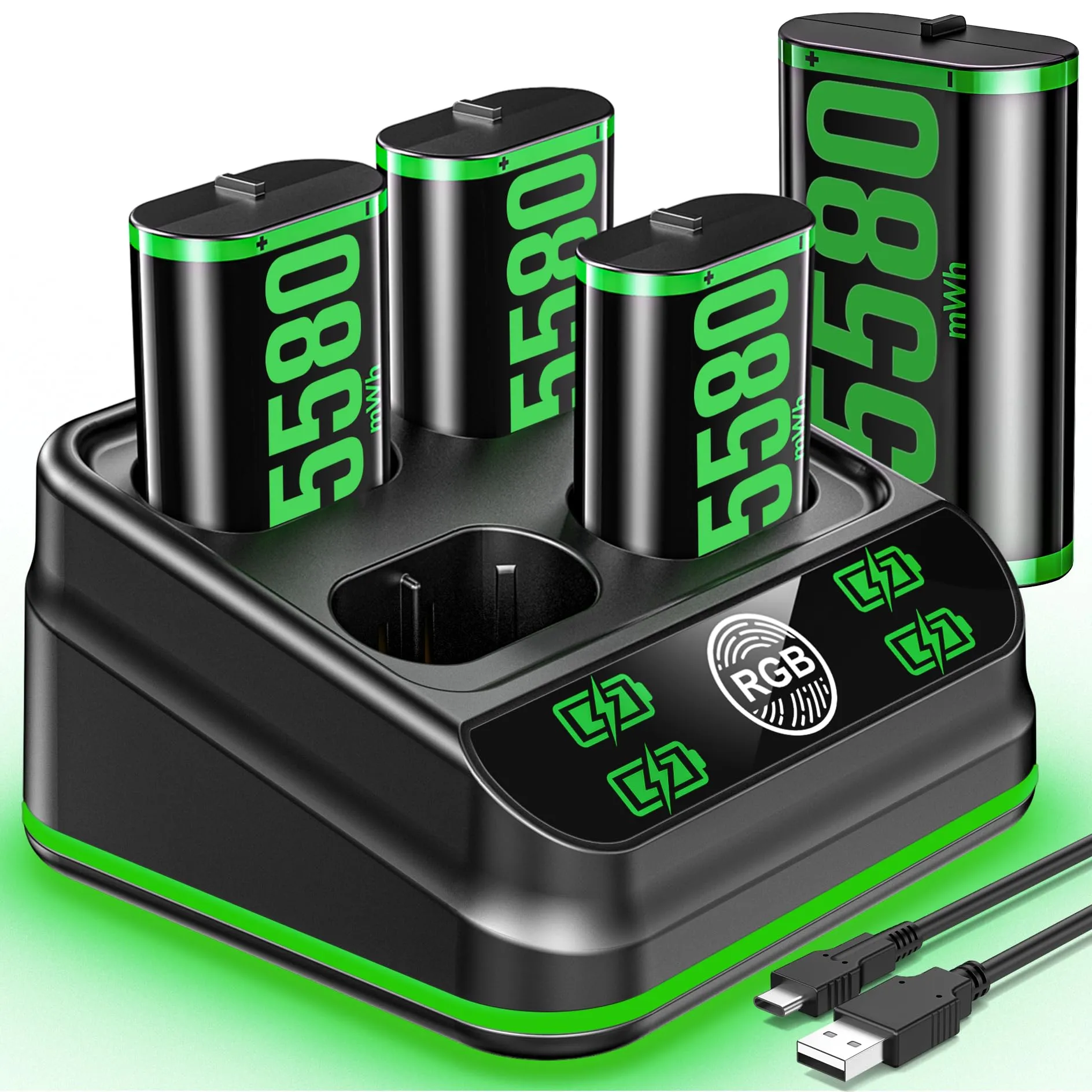 4 X 5580mWh Batteria per Controller X-box, Batterie Ricaricabili per Controller X-box, Caricabatterie per Controller X-box con 9 Modalità di Illuminazione, Accessori Batteria X-box con Caricatore