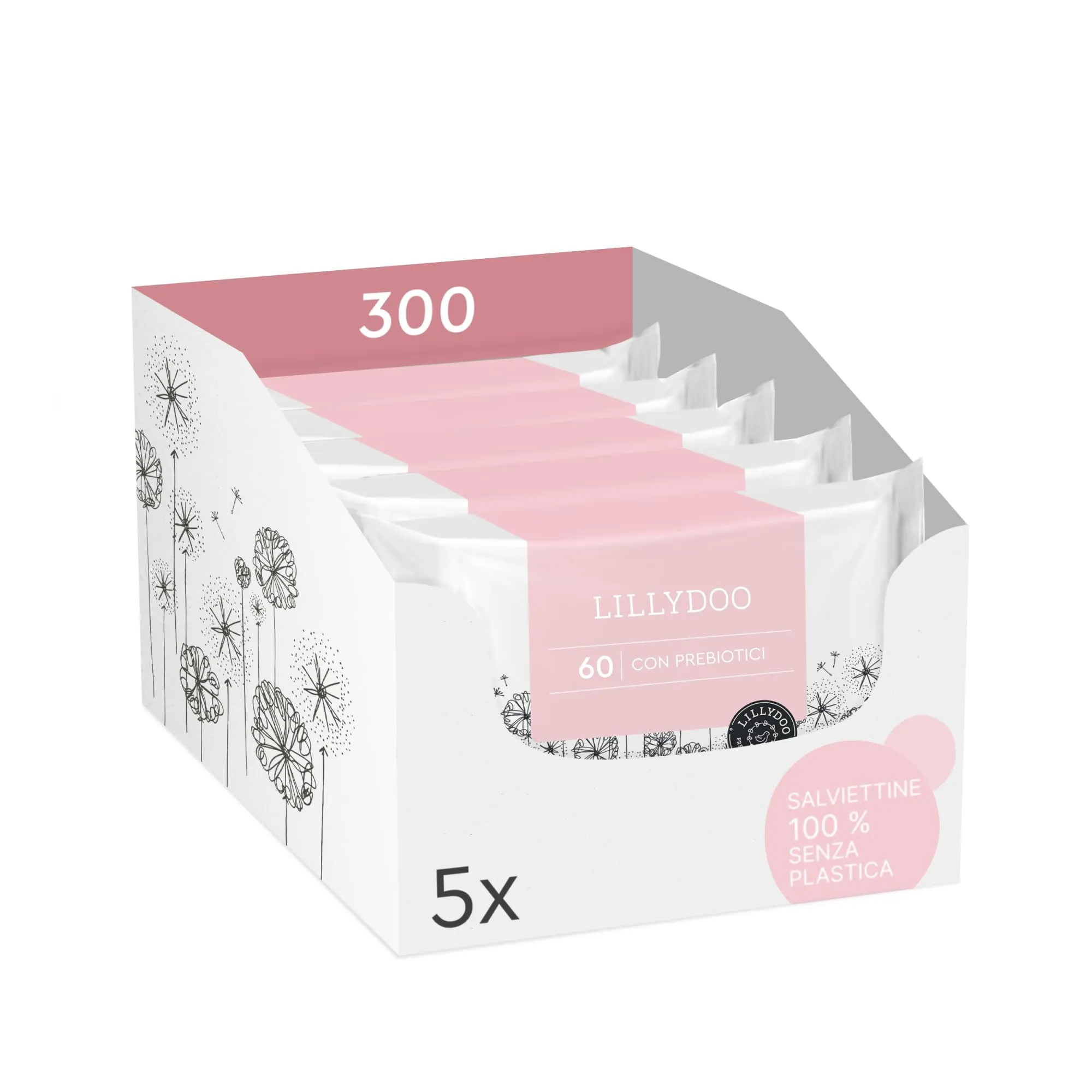 Salviettine con prebiotici LILLYDOO, 300 unità (5 x 60), 0% profumi e 100% tessuto senza plastica