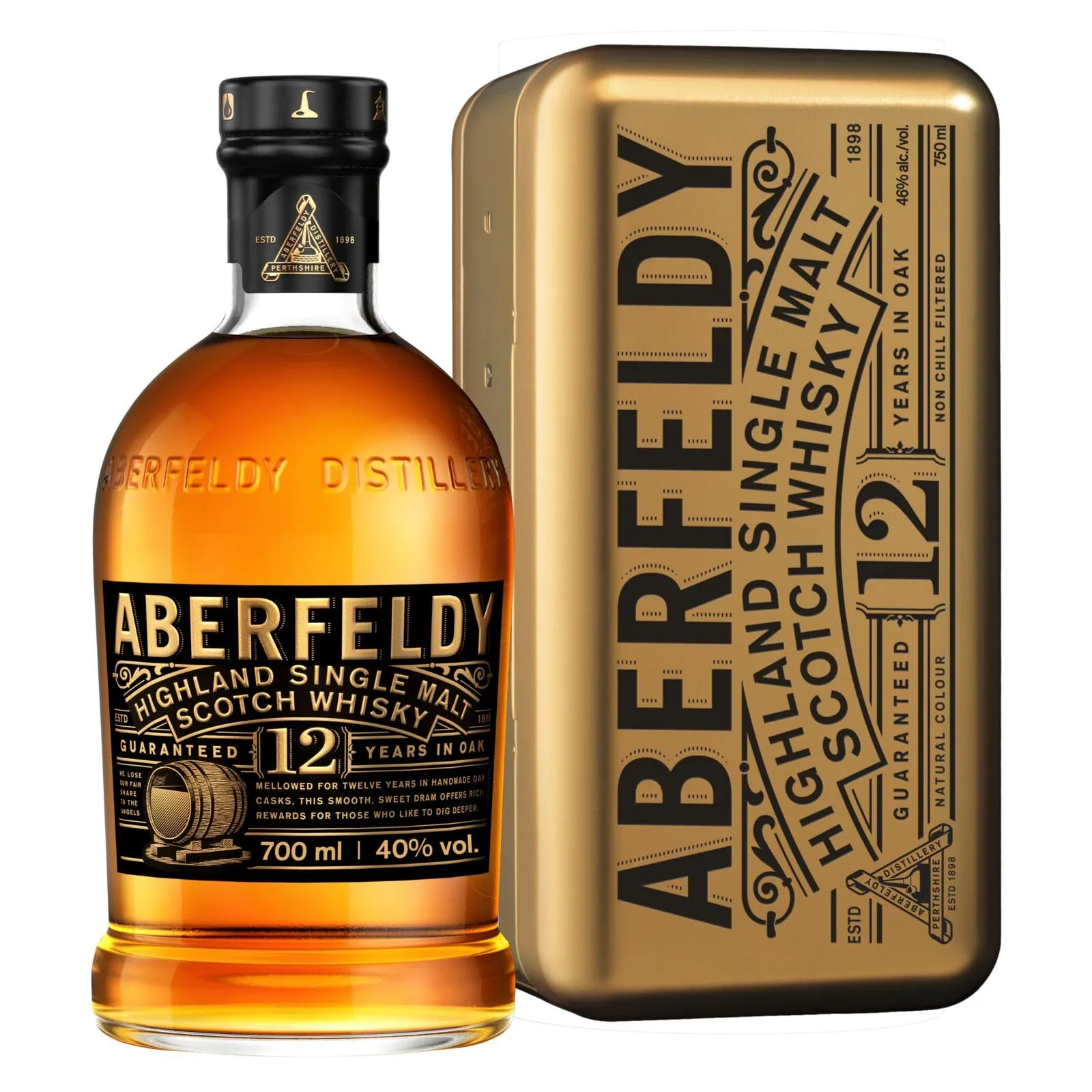 Aberfeldy 12 Year Old Single Malt Scotch Whisky in confenzione in latta regalo a forma di lingotto d'oro, Vol. 40%, 70 cl / 700 ml, Pregiato whisky invecchiato in quattro tipologie di botti