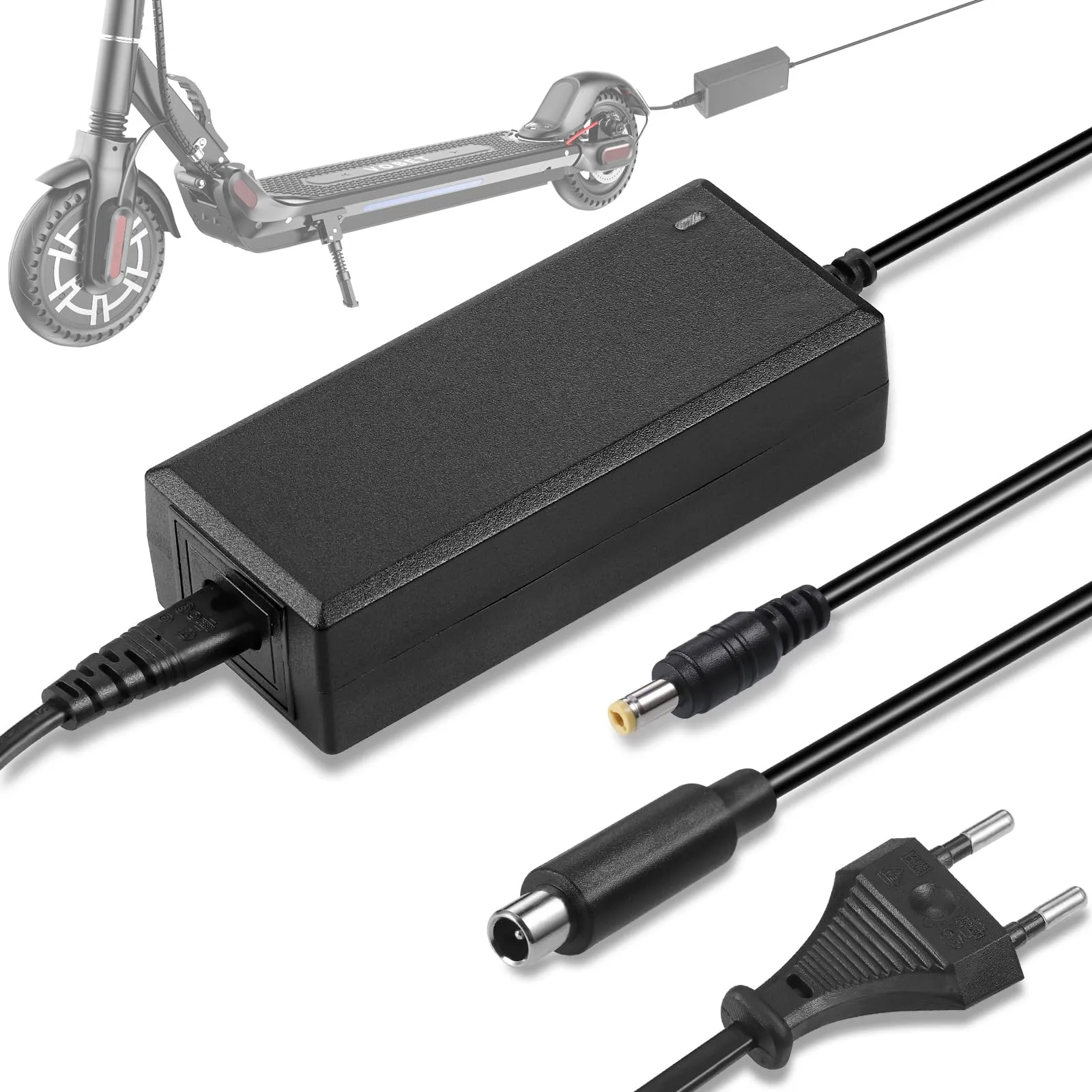 JIZZU Caricatore Monopattino Elettrico, 42V 2A AC Adattatore Hoverboard, per Scooter Elettrico a Batteria 36V, per Connessione DC 5,5 mm 2,5 mm, per Xiao mi/Ninebot/NovaMile/Aovo