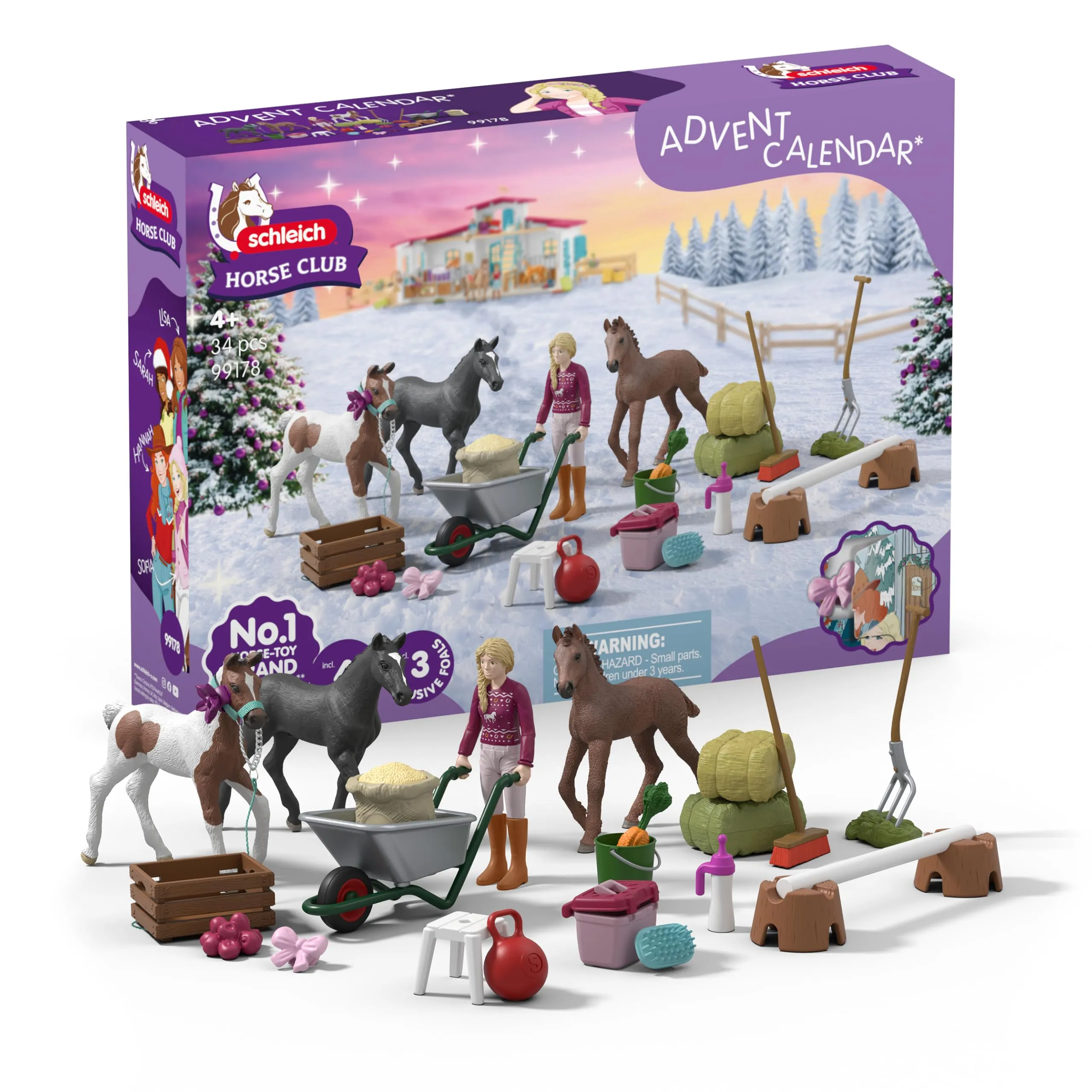 schleich HORSE CLUB | Calendario dell’Avvento HORSE CLUB 2025 – Meraviglia di Natale Allevamento di Puledri 99178 | figura snodata Sofia, 3 puledri esclusivi & accessori | regalo dai 5 anni | 34 pezzi