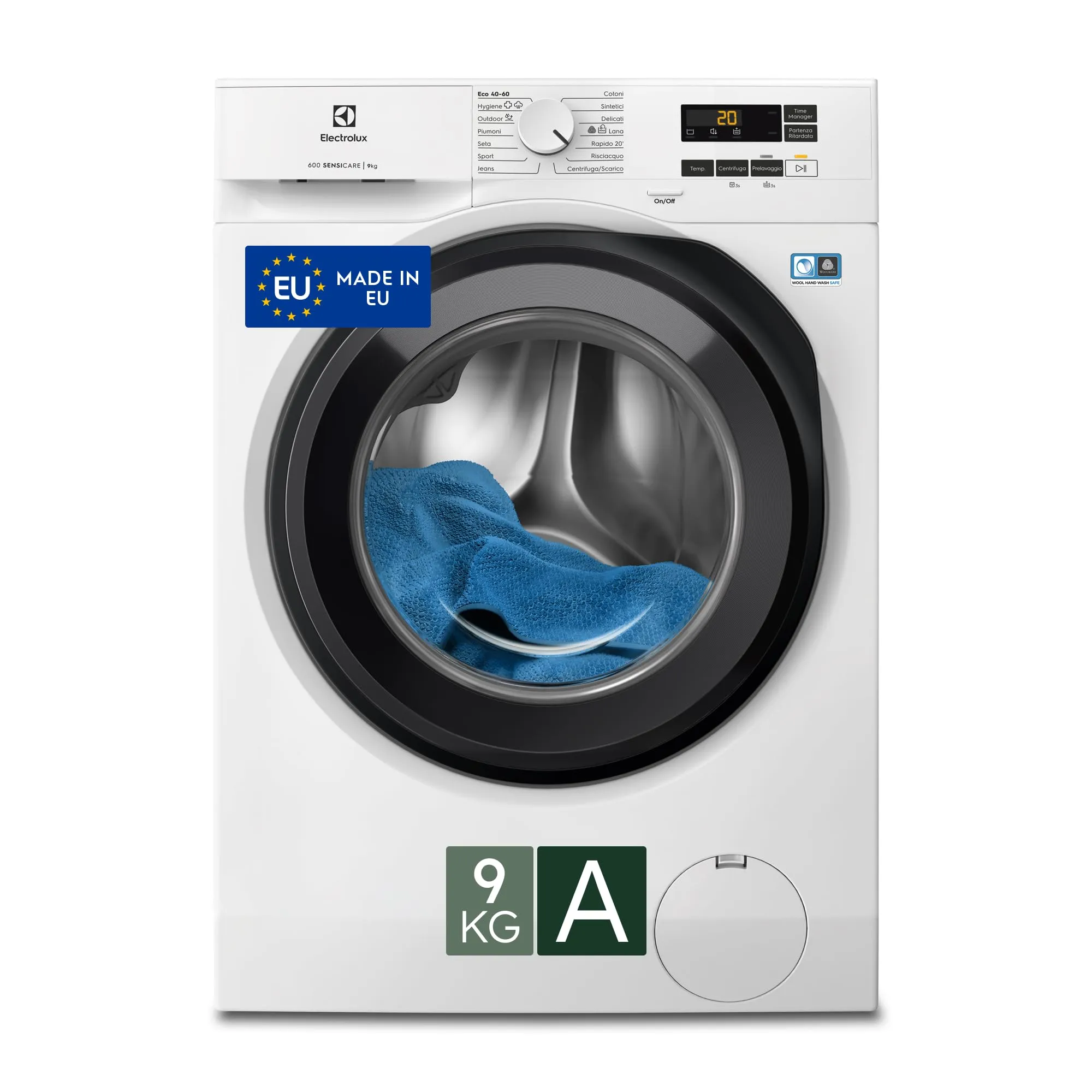Electrolux 600 Lavatrice a carica frontale, EW6FA19G, 9 Kg, SensiCare, Time Manager, Programma Hygiene/Rapido, Motore Inverter+, Flussimetro, Prosense, 847x597x636 mm, Color Bianco, Classe A