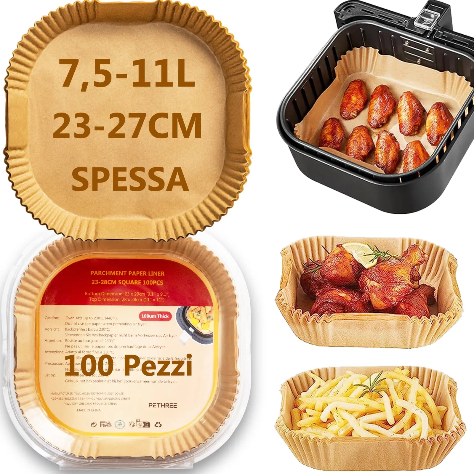 PETHREE Carta Forno per Friggitrice ad Aria 8-10L XXL, 100 Pezzi Senza BPA 23-27cm Carta Spessa Accessori Contenitori Fogli Vaschette Air Fryer Paper Quadrata Impermeabile Antiolio