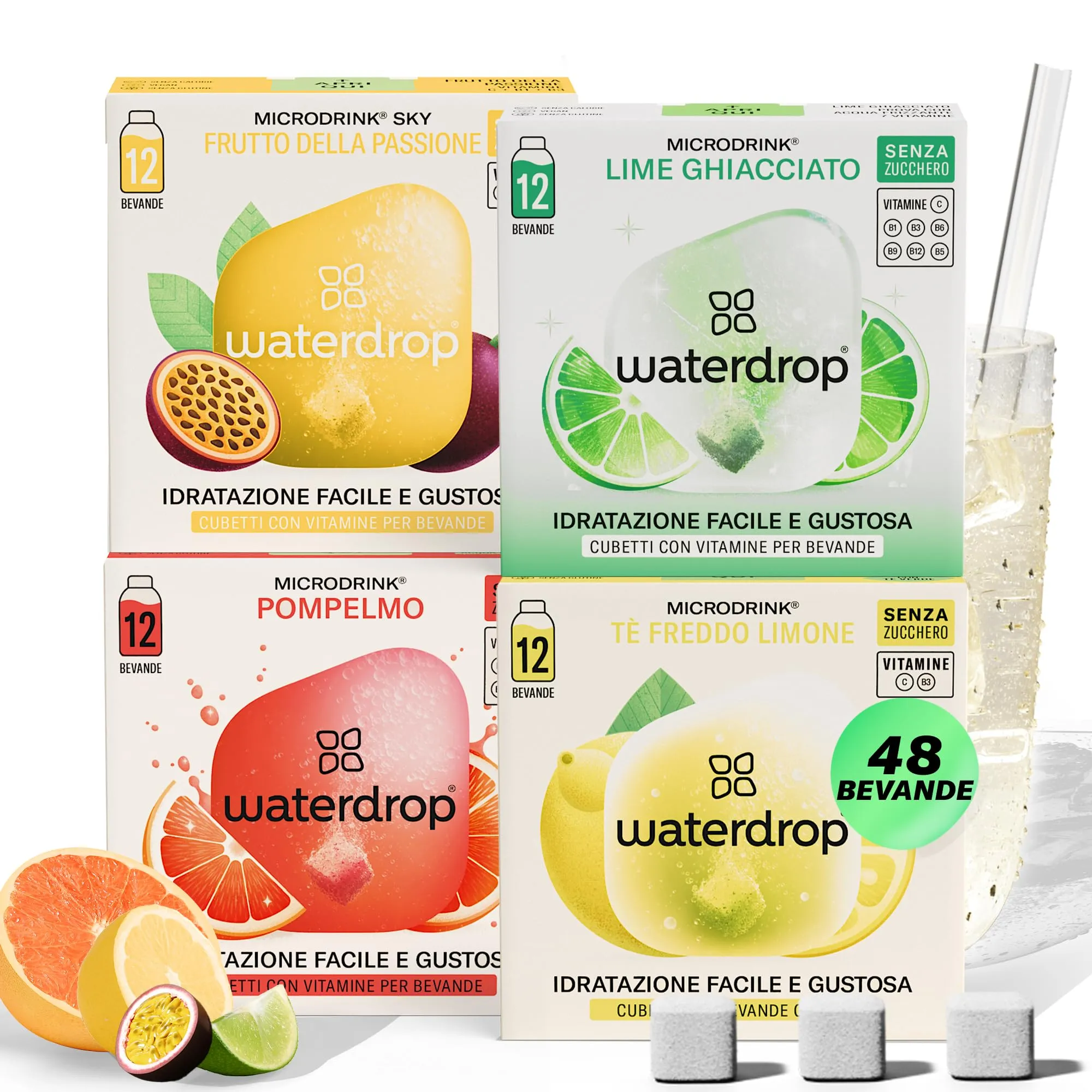 waterdrop® Frutta Tropicale - 48 cubetti per insaporitore acqua senza zucchero - Alternativa allo borraccia con gusti - waterdrop cubetti per acqua aromatiche per 96 bevande - acqua aromatizzata