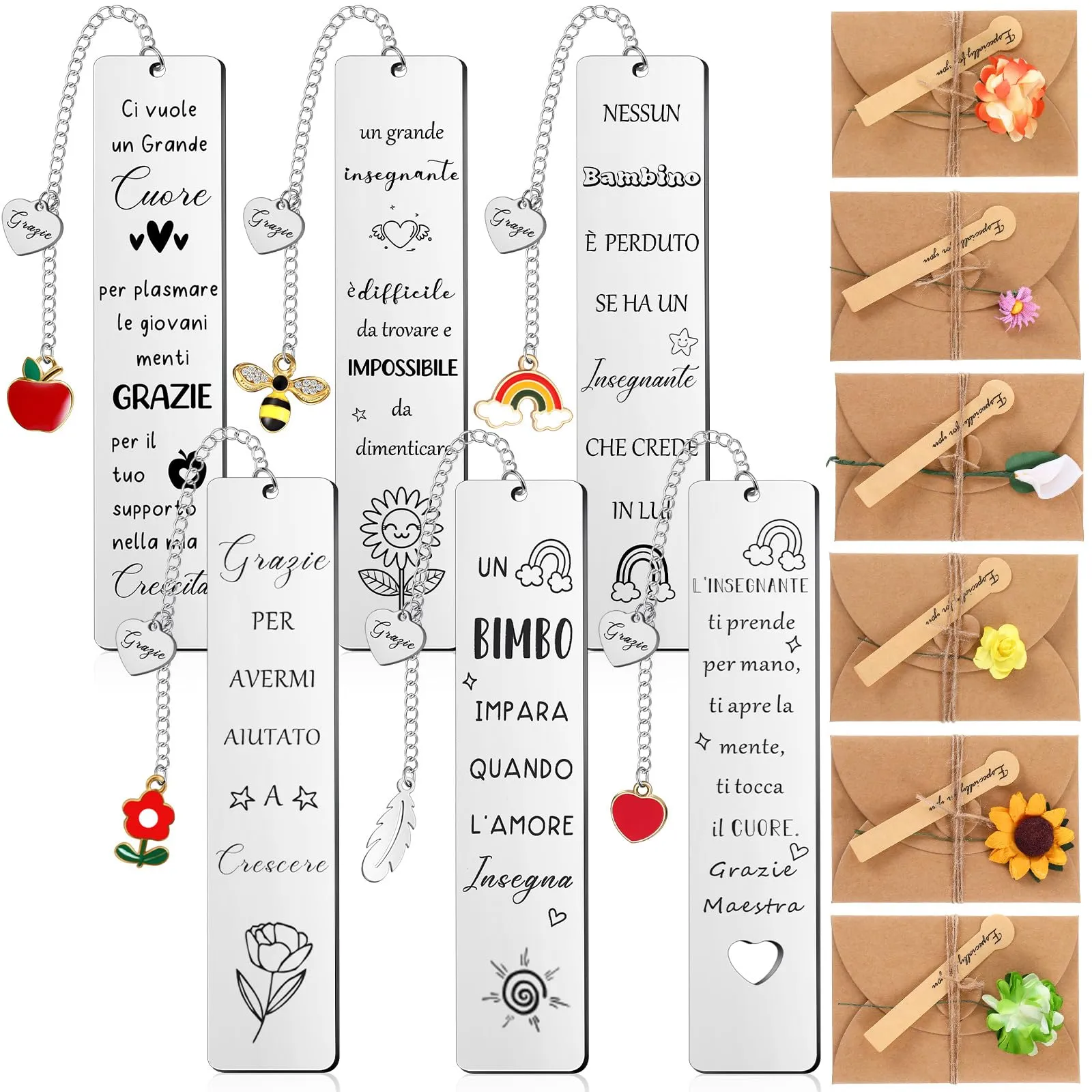 Clabby 6 Pezzi Segnalibro Maestra Metallo Regalo Maestre Fine Anno Insegnate Segnalibro con Frasi Grazie Maestra con Busta Regalo Natale Compleanno Laurea