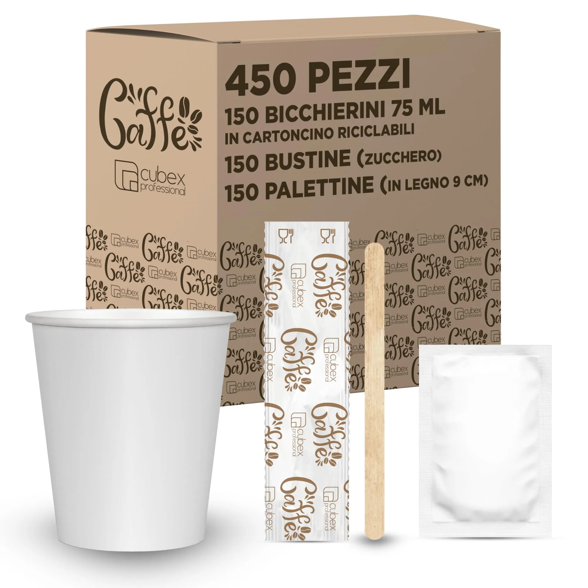 cubex professional Kit Caffè 450 Pezzi Formato da 150 Bicchierini in Cartoncino riciclabili da 75 ml, 150 Bustine di Zucchero e 150 Palettine in Legno 9 cm