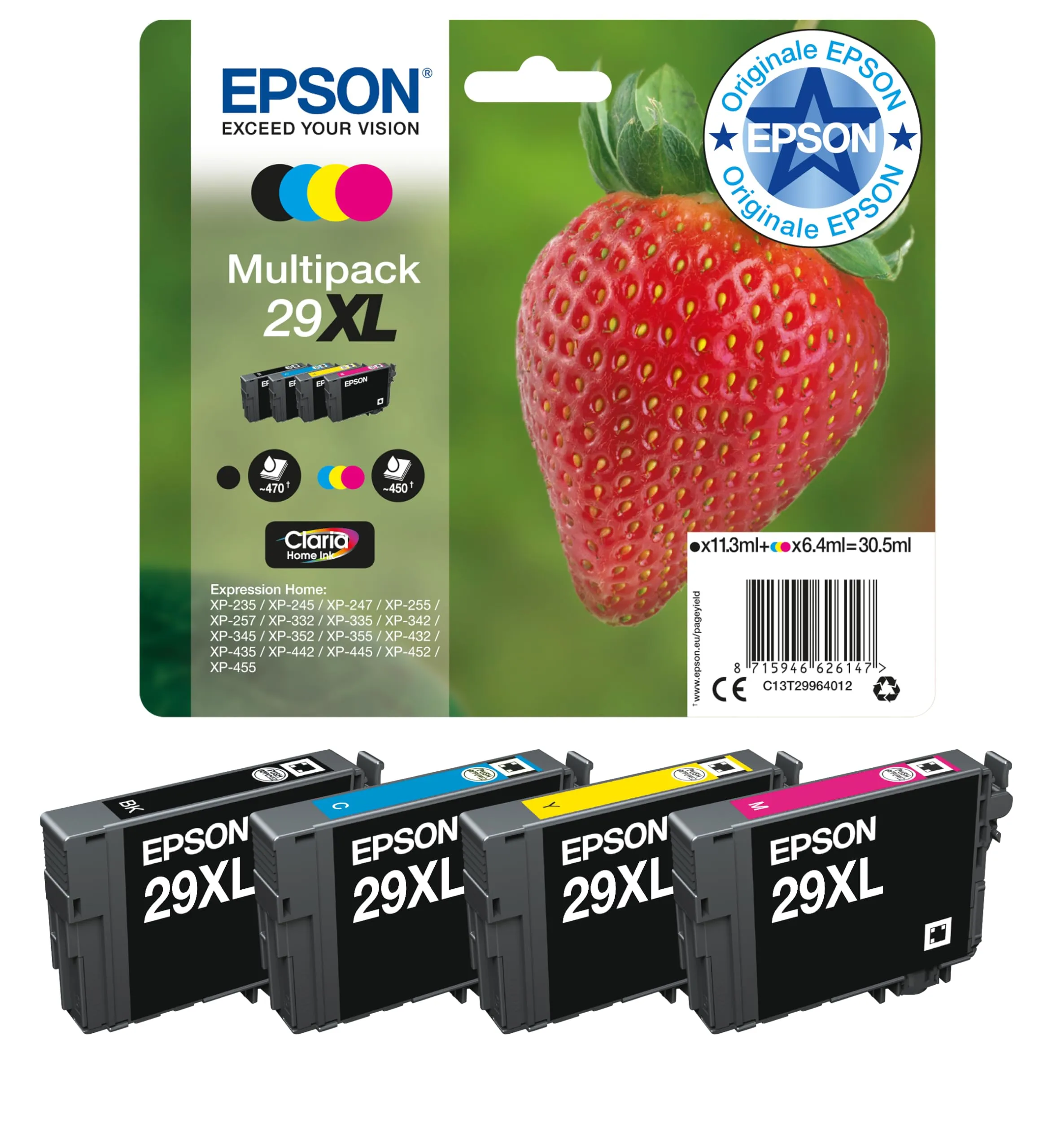 Epson Serie 29XL Fragole Cartucce Claria Home per Stampante Inkjet, Multipack 4 Colori, Formato XL, Stampe Casa/Ufficio fino 450 pagine a colori/470 black, Confezione Retail