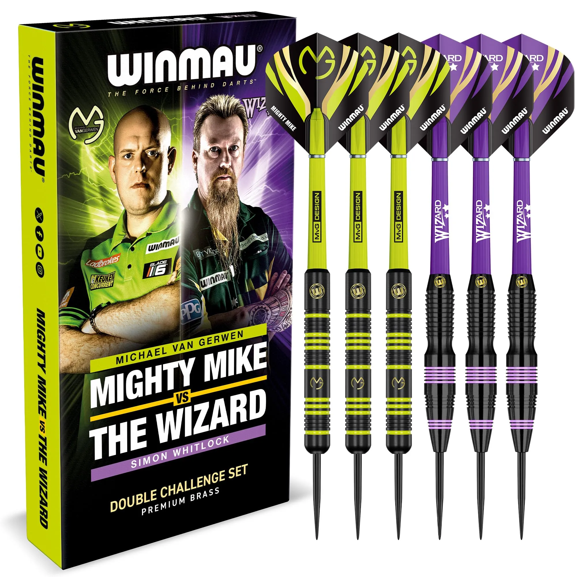 WINMAU Darts Michael 'MvG' Van Gerwen Contro Simon 'The Wizard' Whitlock | Twin Set | Set di Freccette in Ottone con Punta in Acciaio da 22 g con voli e aste (steli)