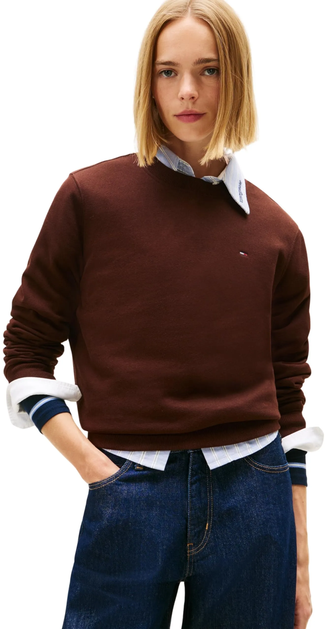 Tommy Jeans Tjw Reg S Flag Crew Dw0Dw19959, Felpa Pullover, Donna, Marrone (Rich Brown), XS