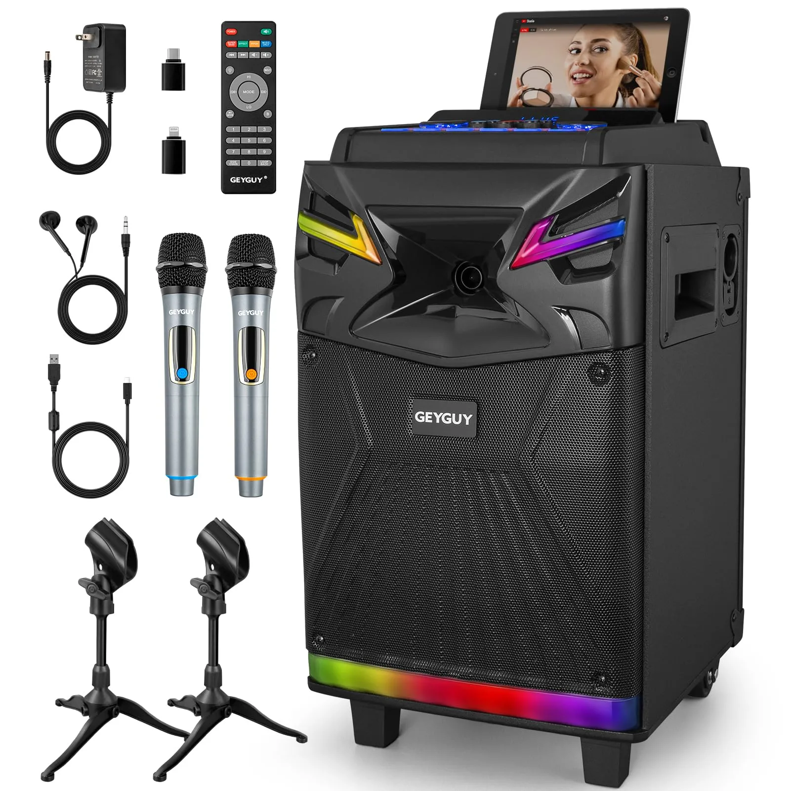 Casse karaoke professionale completo con 2 microfoni wireless, Altoparlante portatile Bluetooth con Luci per feste, Woofer da 10" Sistema PA, effetti sonori/luci DJ/radio FM GTSK10-1